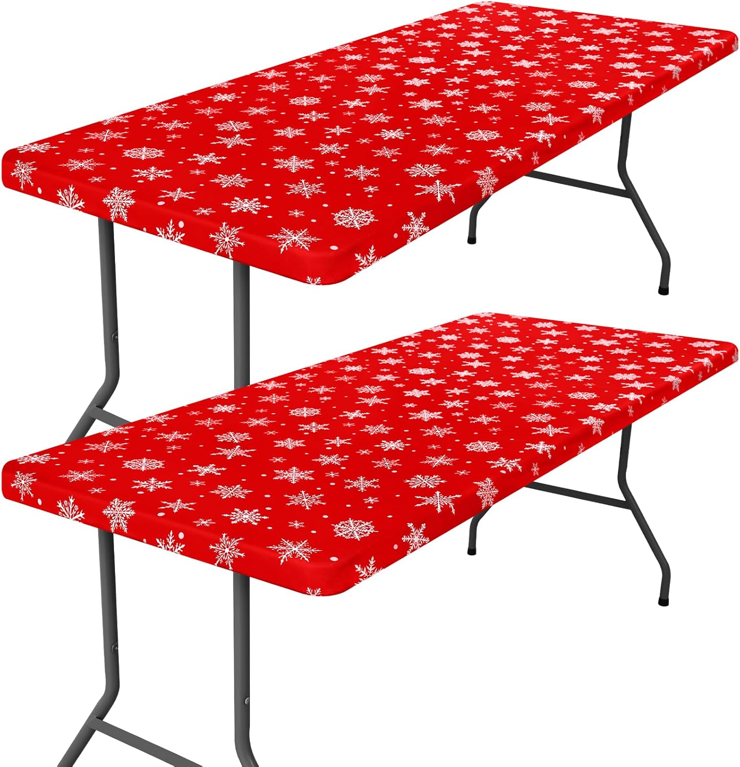 Spandex 8 Foot Rectangle Christmas Table Cloth 2 Pack, Elastic Fitted Tablecloths for Picnic, Stretch Washable Patio Table Cover for Christmas Dinner (Dot Snowflake, 30"x96")