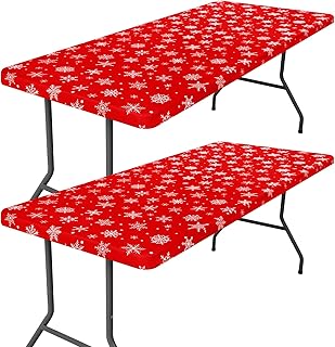 Spandex 6 Foot Rectangle Christmas Table Cloth 2 Pack, Elastic Fitted Tablecloths for Picnic, Stretch Washable Patio Table Cover for Christmas Dinner (Dot Snowflake, 30"x72")