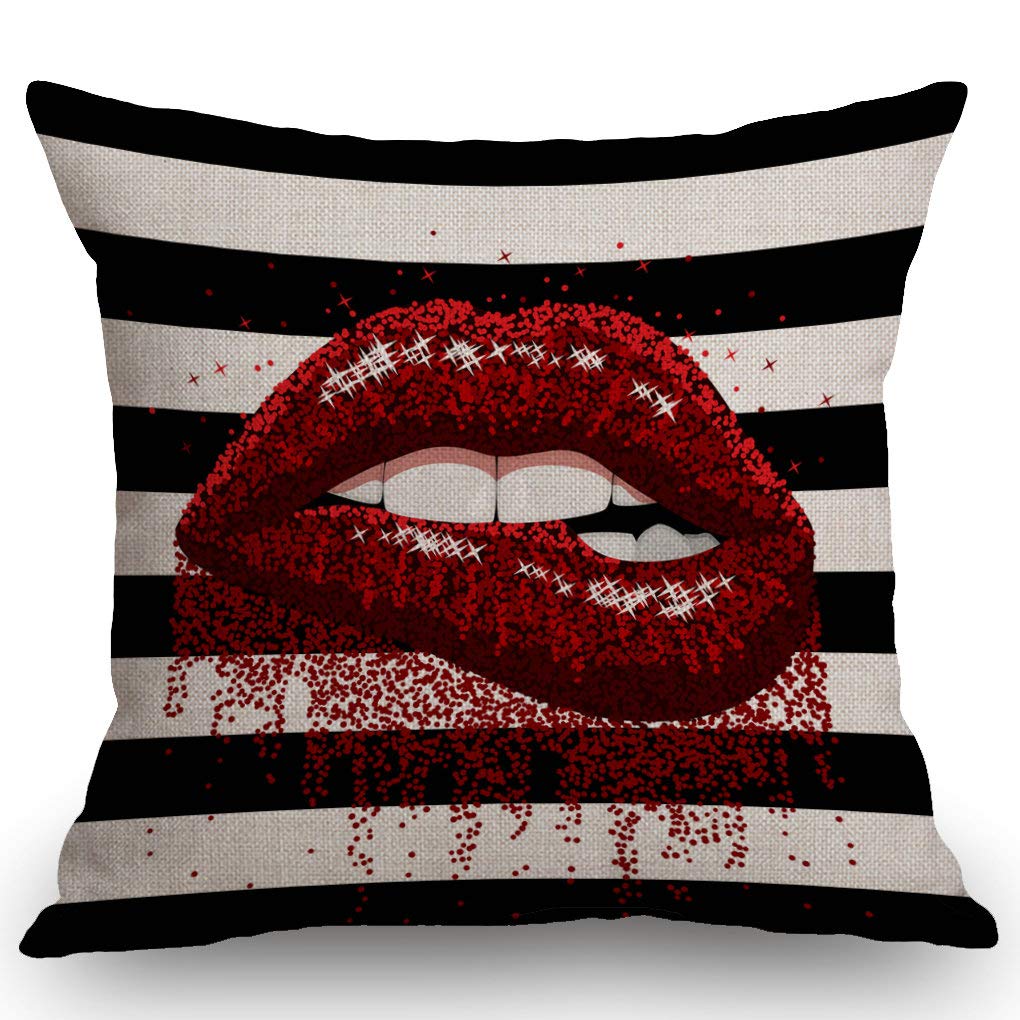 SSOIU Glitter Lips Biting Sexy Red Black White Stripes Farmhouse Decorative Throw Pillow Covers for Sofa Couch Home Decoration 18x18 inches