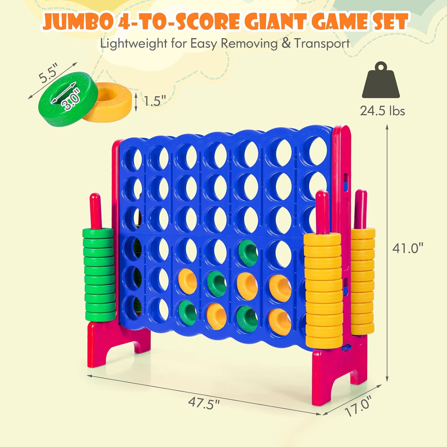 HONEY JOY Jumbo 4-to-Score Giant Game Set, Giant Outdoor Yard Games for Family, 42 Jumbo Rings & Quick-Release Slider, 3.5FT Tall Giant 4-in-A-Row for Kids & Adults