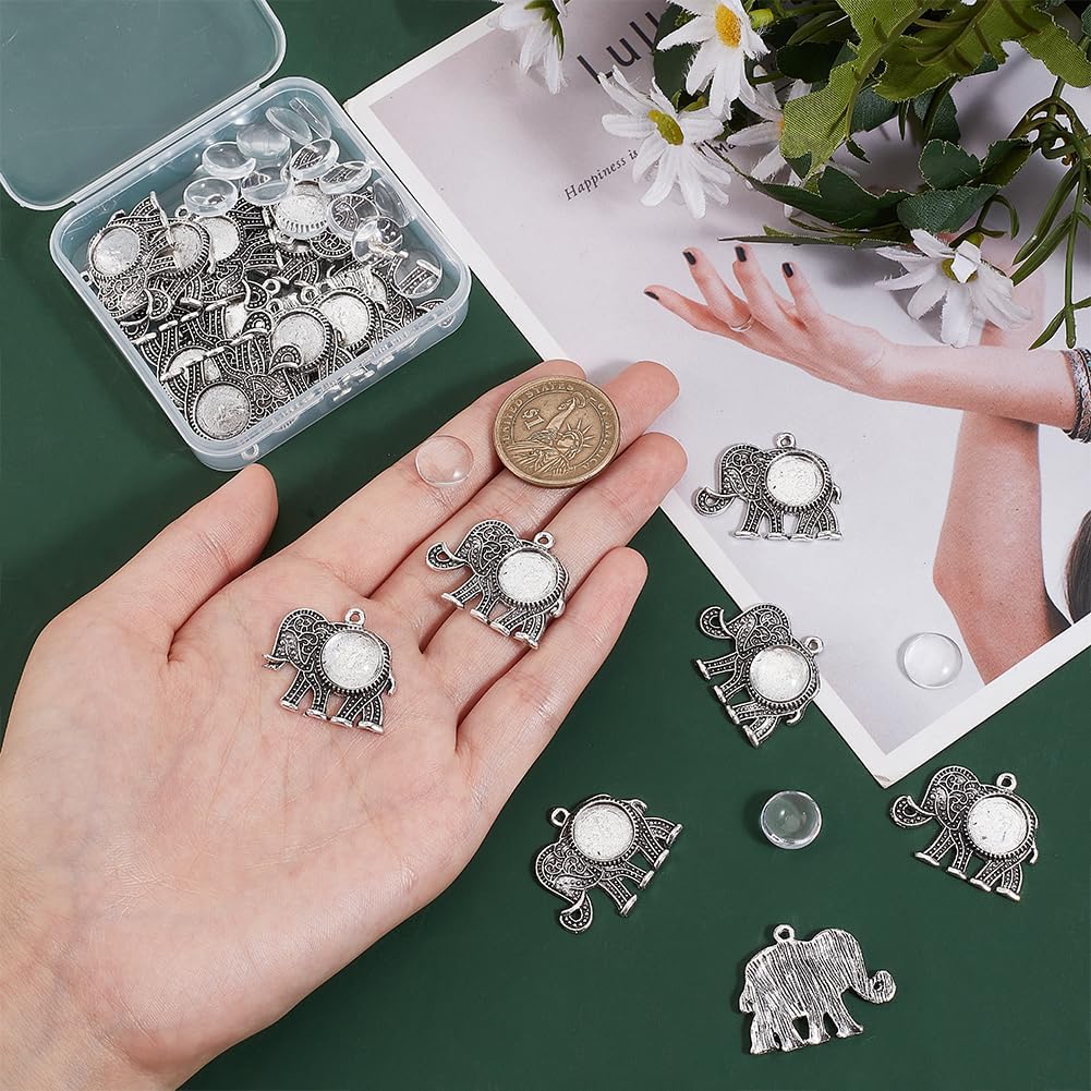 PH PandaHall 20 Sets Elephant Pendant Trays, 20pcs Animal Photo Charms Blank Bezel with 20pcs Transparent Glass Cabochon Dome Tiles Memorial Photo Pendant for Graduation Wedding Jewelry Making，25x30mm - Image 3