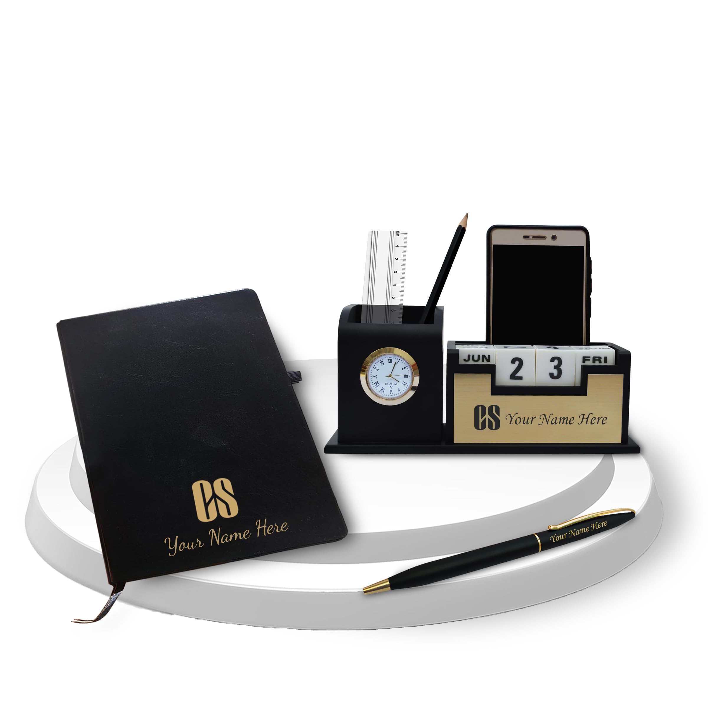 SAVRI Personalized CS Gift Set – CS Logo Pen, Customized Black Diary with Name & CS Emblem, and Coat Pen Stand | Unique Corporate Gift for Company Secretaries, Graduation & Appreciation Events
