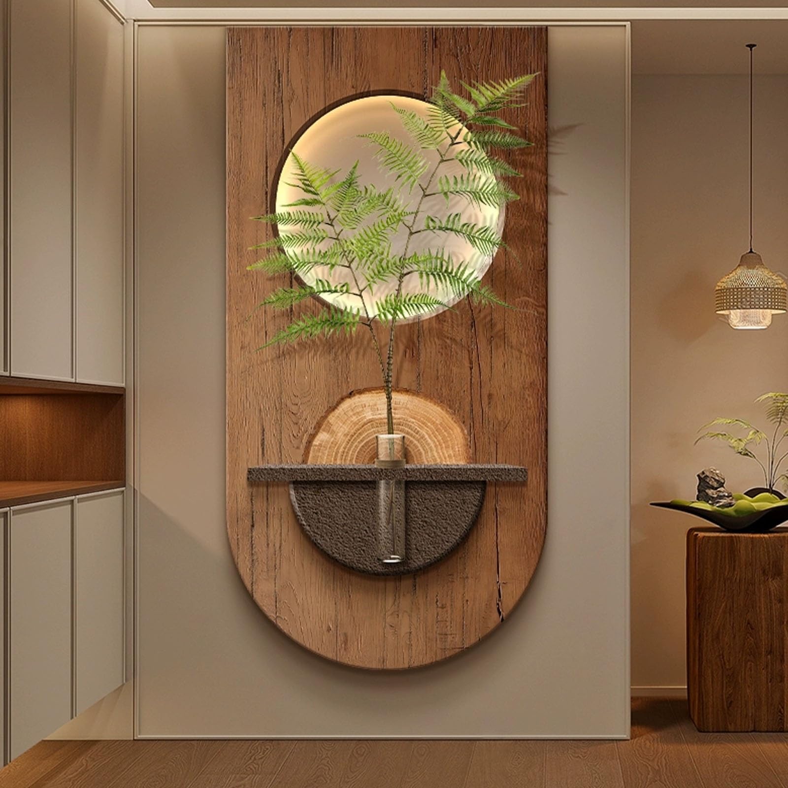 Tableau Suspendu Lumineux Salon et Chambre : Sculptures 3D Grès et Plantes 100x50cm