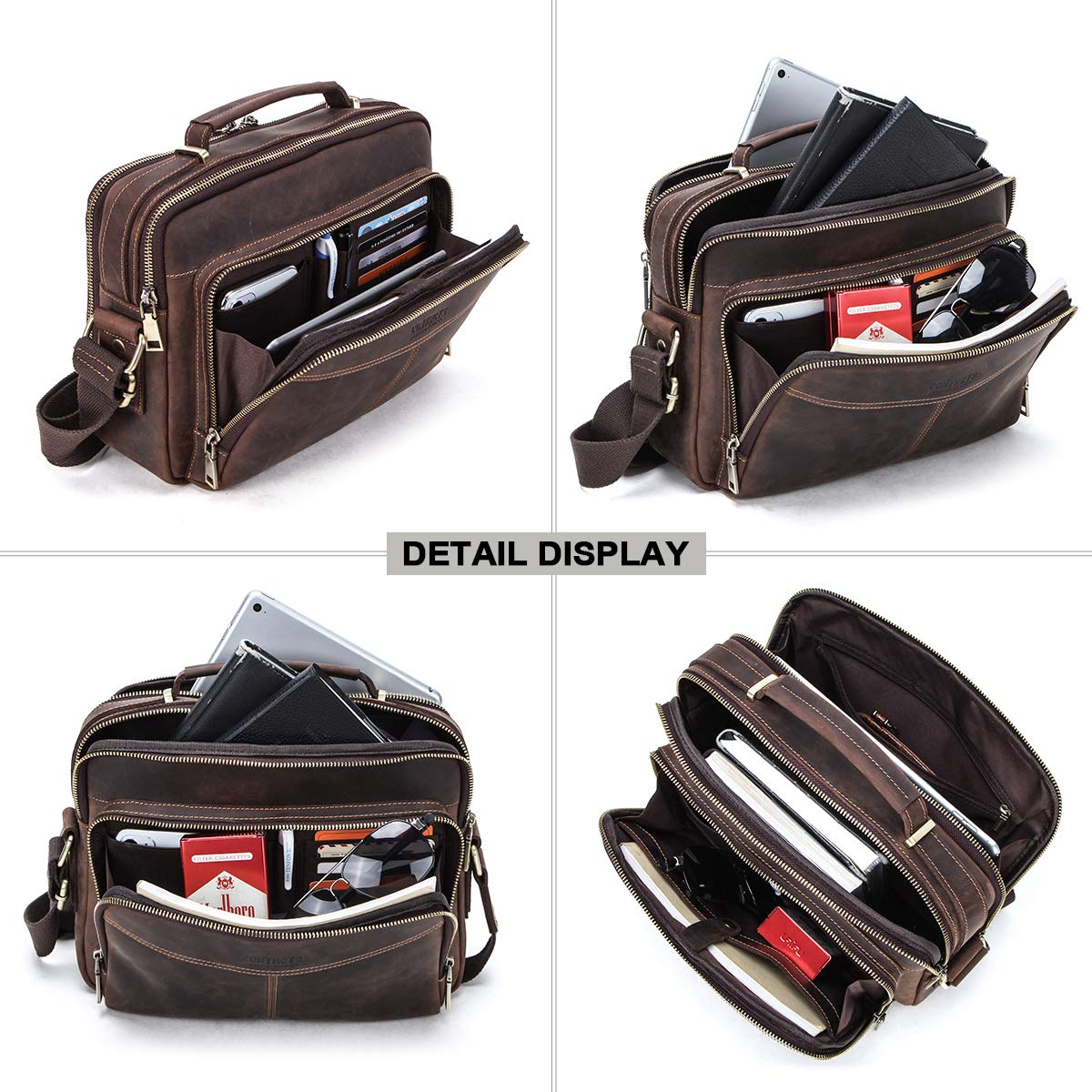 Contacts Borsa in pelle da uomo,Tracolla Uomo Borselli,borsa a tracolla da viaggio retrò, borsa a tracolla multifunzione casual Ipad Borsa a Spalla da Lavoro Crossbody Bag per Ufficio Scuola