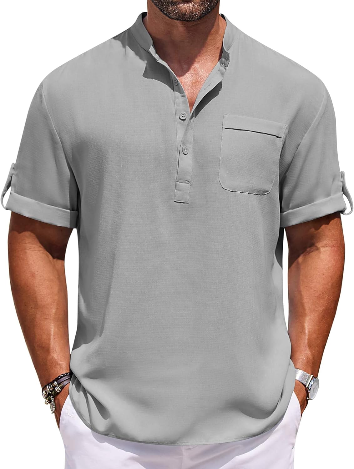 COOFANDY Henley Shirts for Men Short Sleeve Band Collar Casual Shirt Summer Hippie Vacation Beach T Shirts with Pocket