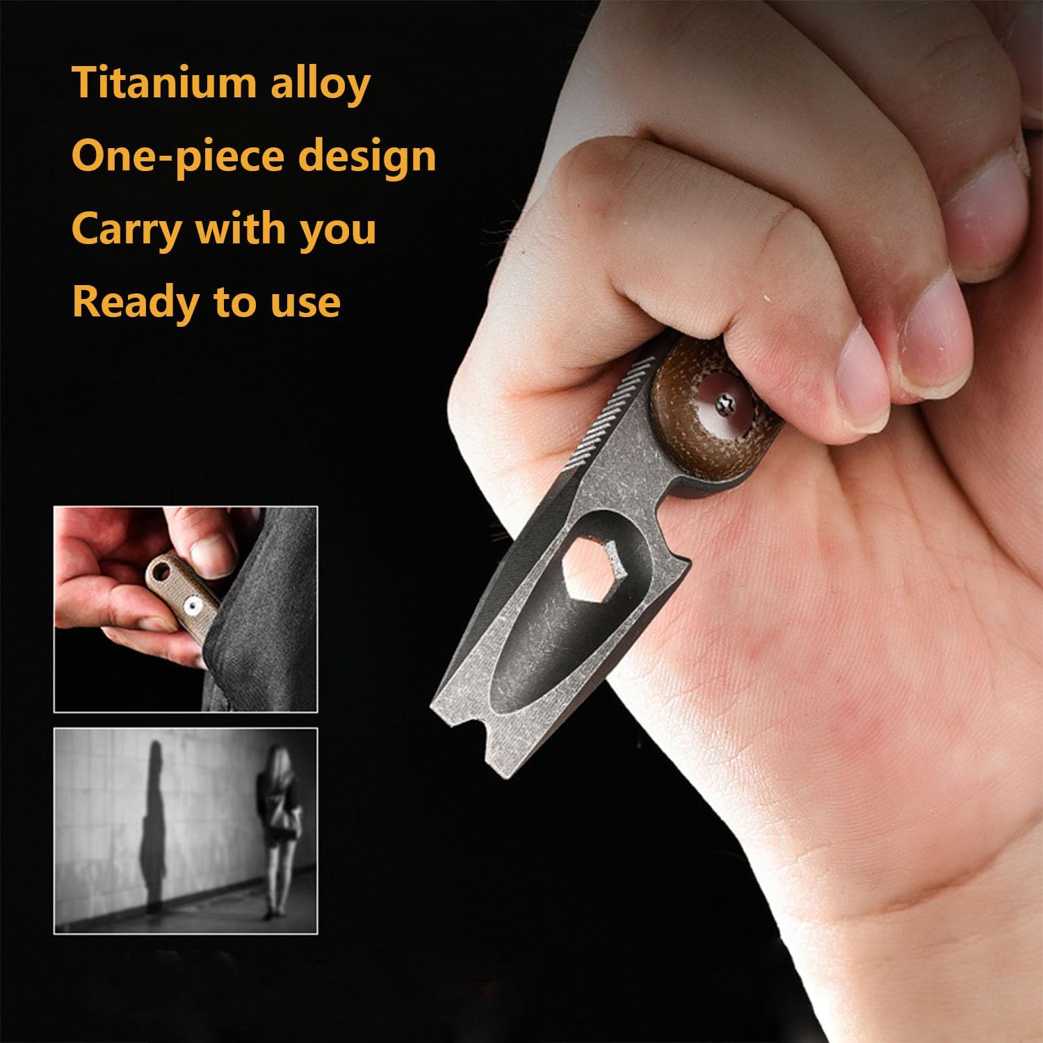 Titanium EDC pry bar, bottle opener keychain outdoor tool,Nail puller/pocket clip with hex wrench, portable multifunctional tool. (Stone Washing)
