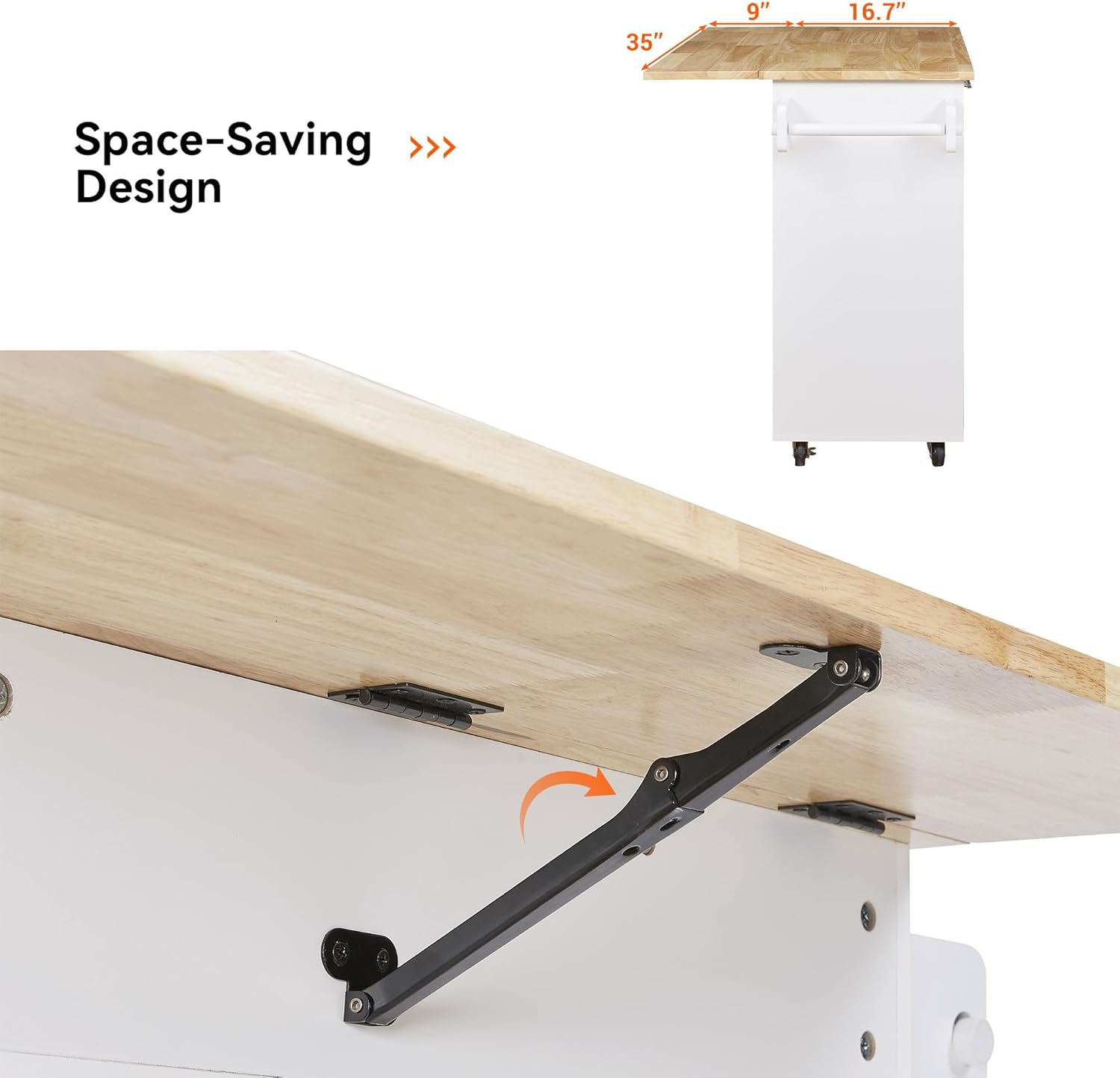 53.9" W Kitchen Island with Storage, Rolling Kitchen Islands Cart with Rubber Wood Top, 3 Drawer, 2 Slide-Out Shelf and Internal Storage Rack, Lockable Wheels, Spice Rack, Towel Rack (White)