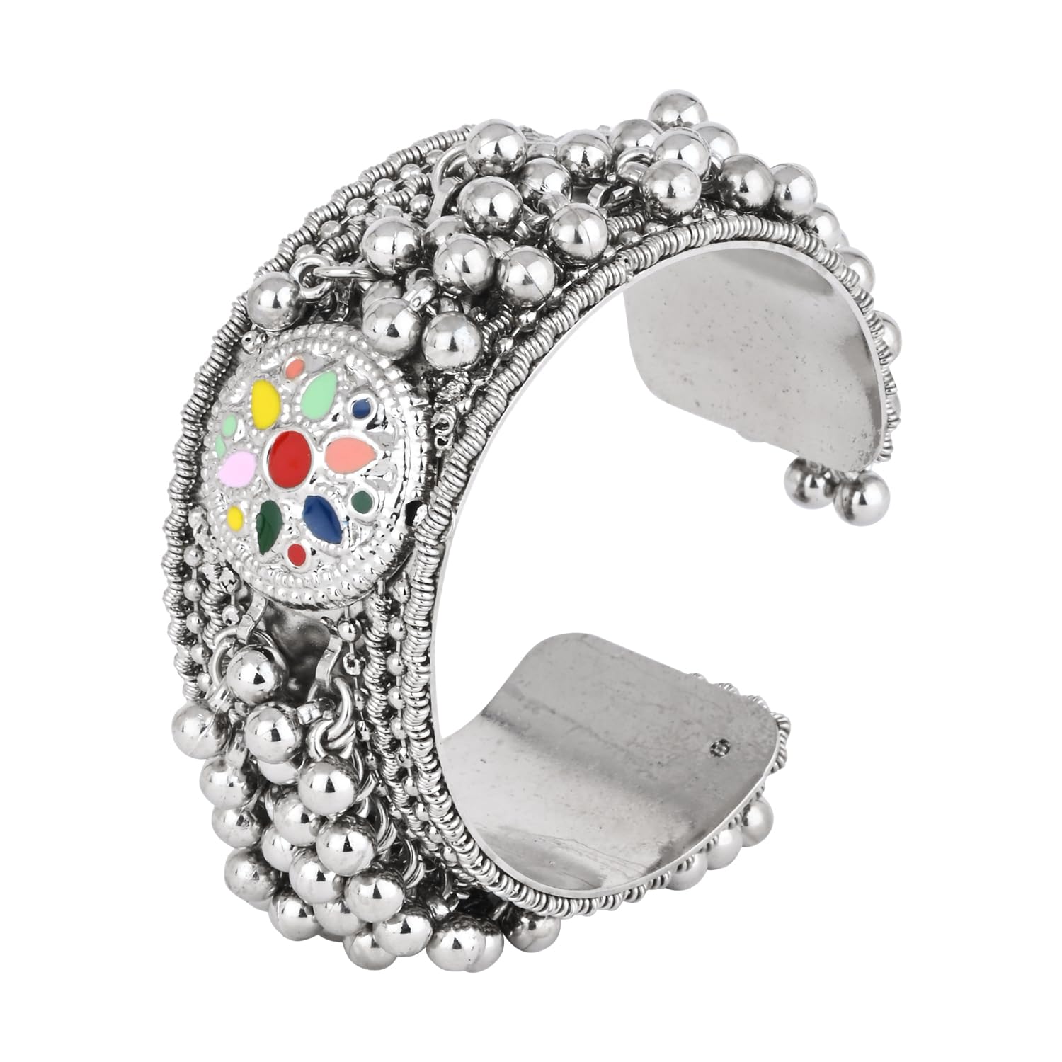 I Jewels Navratri Ethnic Silver Oxidised Afghani Ghungroo with Colorful Design Adjustable Cuff Kada Bracelet For Women (ADB520OX) (B0DFPWRBBS) Amazon Price History, Amazon Price Tracker