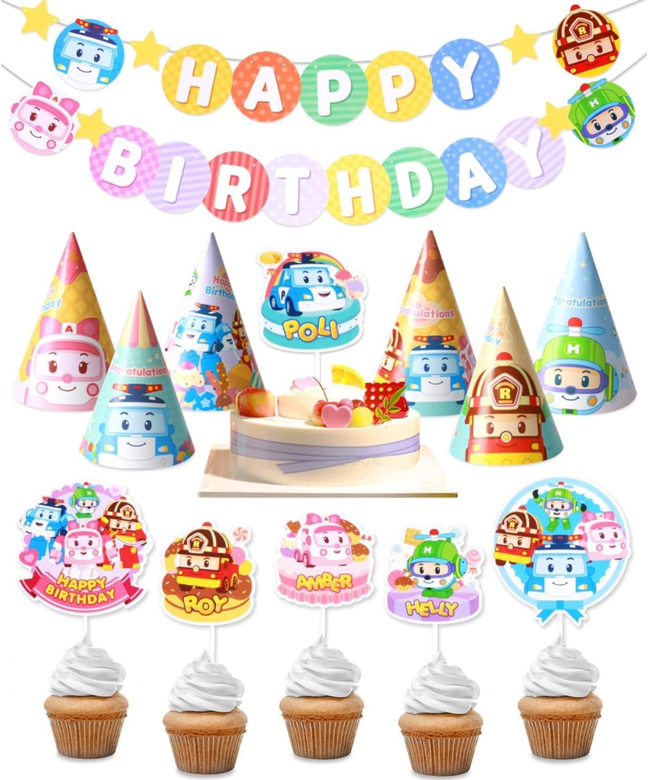 Robocar Poli, Birthday Party Supplies [2-PACK] Happy Birthday Banner Garland, Cake Cupcake Toppers, Cone Hats Set for Boy Girl Kids Party Decorations