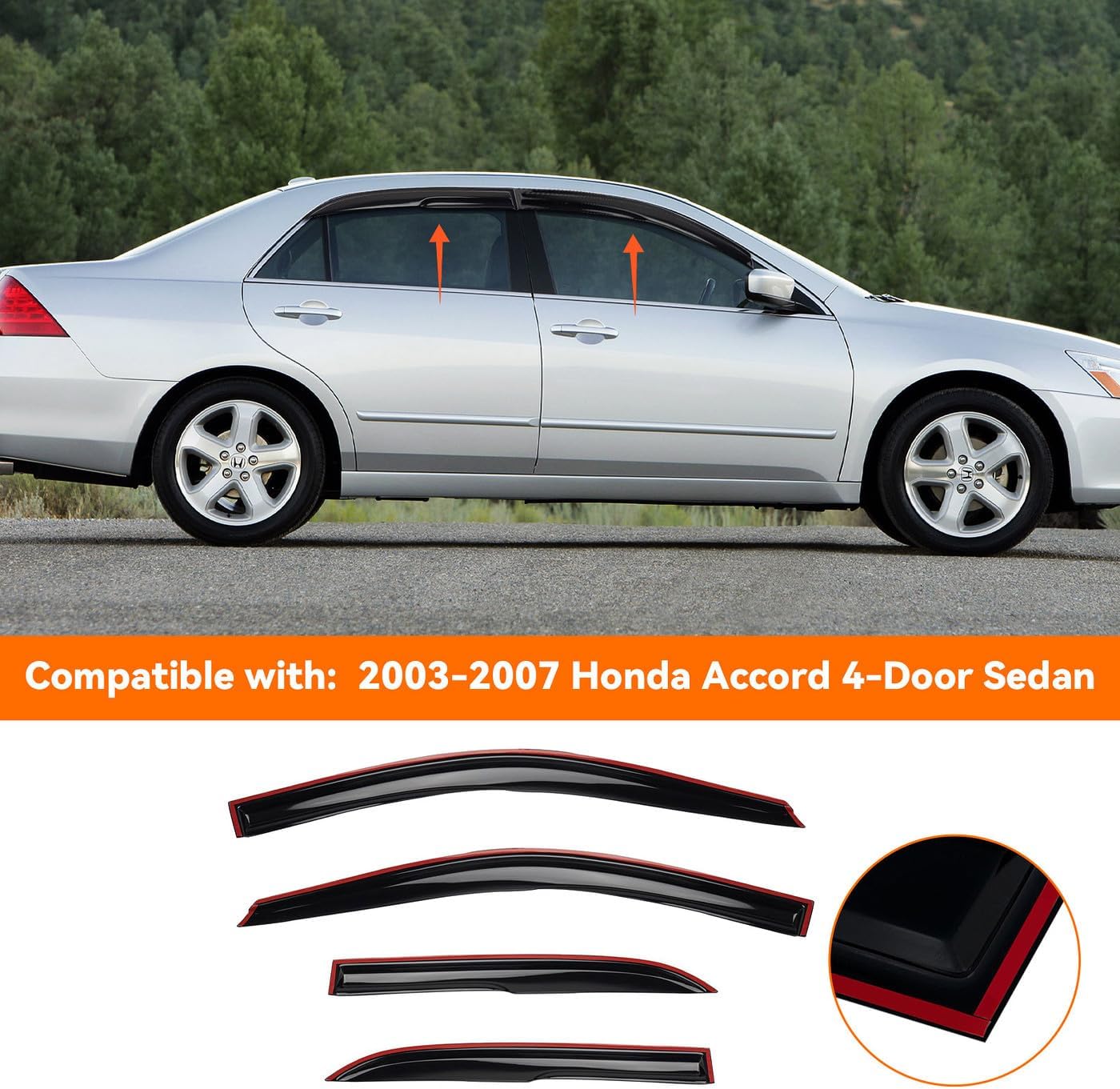 4pcs jdm 3d wavy mu style window visors compatible with 2003-2007 honda accord 4-door sedan, front+rear left+right outside mount type dark smoke tint tape-on side sun rain guards set of 4