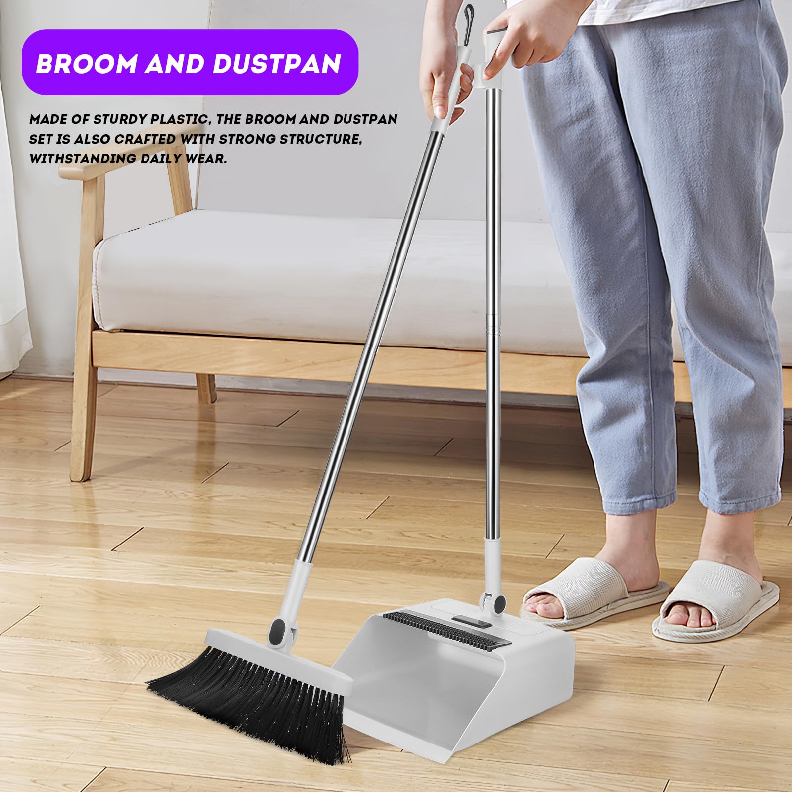 Juego De Escoba y Recogedor 3 1 Blanco, con Mango Largo y Ergonómico, Escoba Densa De Cerdas Suaves, Recogedor Plegable con Dientes Retráctiles, Adecuado para Interiores y Exteriores