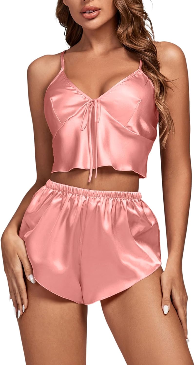 OPOIPIN Women's 3Pcs Pajamas Satin Cami Top and Shorts with Robe Sleepwear Set - Image 3