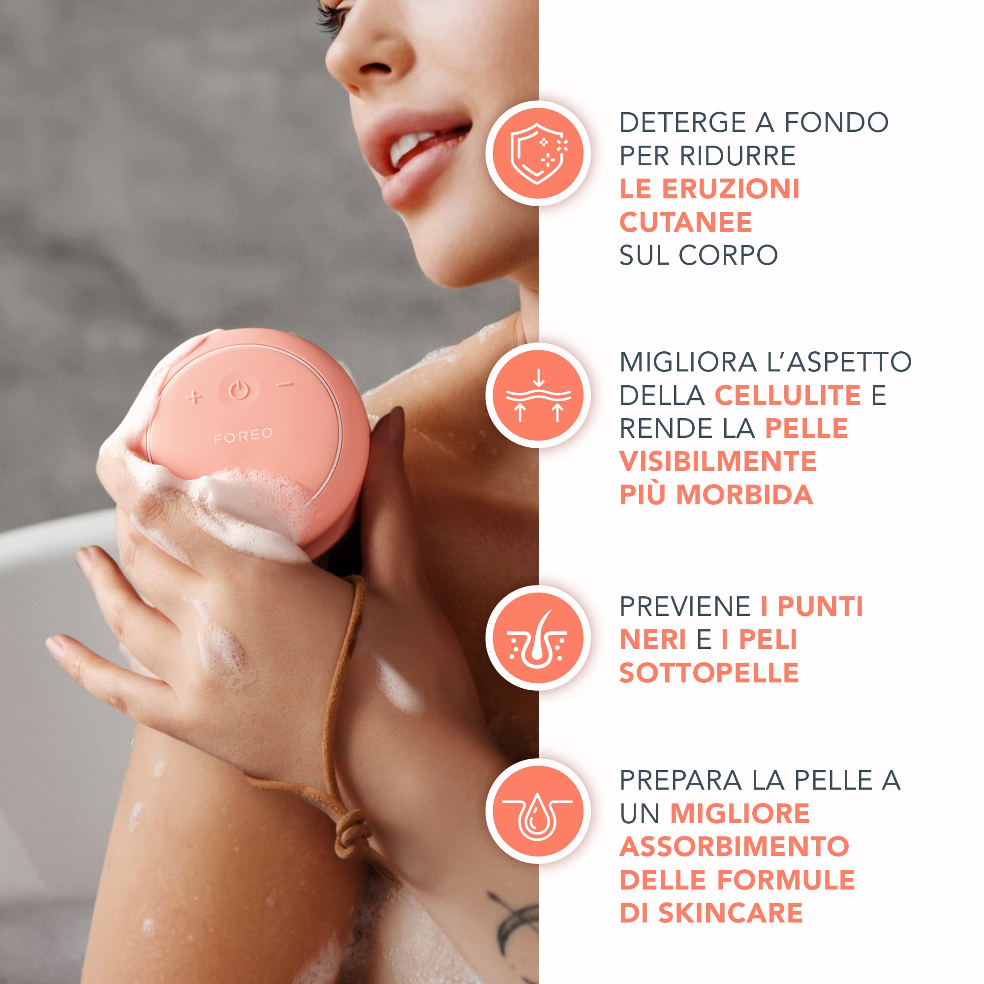 FOREO LUNA 4 body, spazzola corpo massaggiante, Dispositivo detergente ed esfoliante corpo, Scrub corpo per peli incarniti, Trattamento per linfodrenaggio, Ricaricabile con USB, Peach Perfect | Spazzola Corpo, Scrubber, Spazzola Esfoliante, Drenaggio Linf