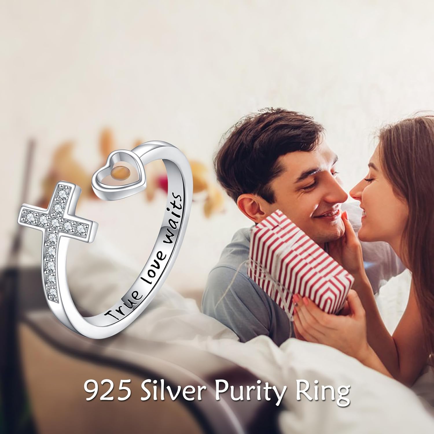 Cross Purity Rings for Women Sterling Silver Adjustable True Love Waits Faith Rings Mustard Seed Celibacy Ring for Women