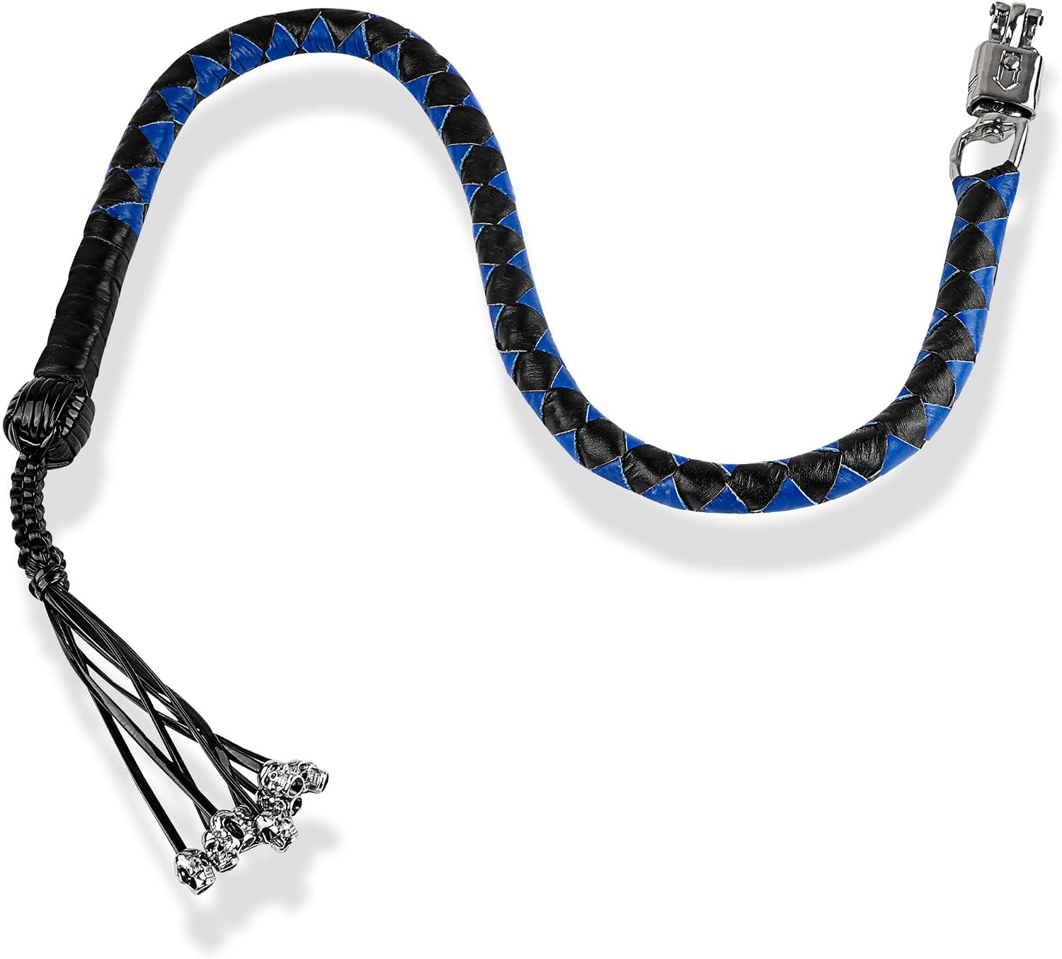 HADZAM Genuine Leather Motorcycle Get Back Whip 42” for Handlebar with Fringes and Quick Release Clasp (Blue Black, 42 Inch (Skulls on Fringes))