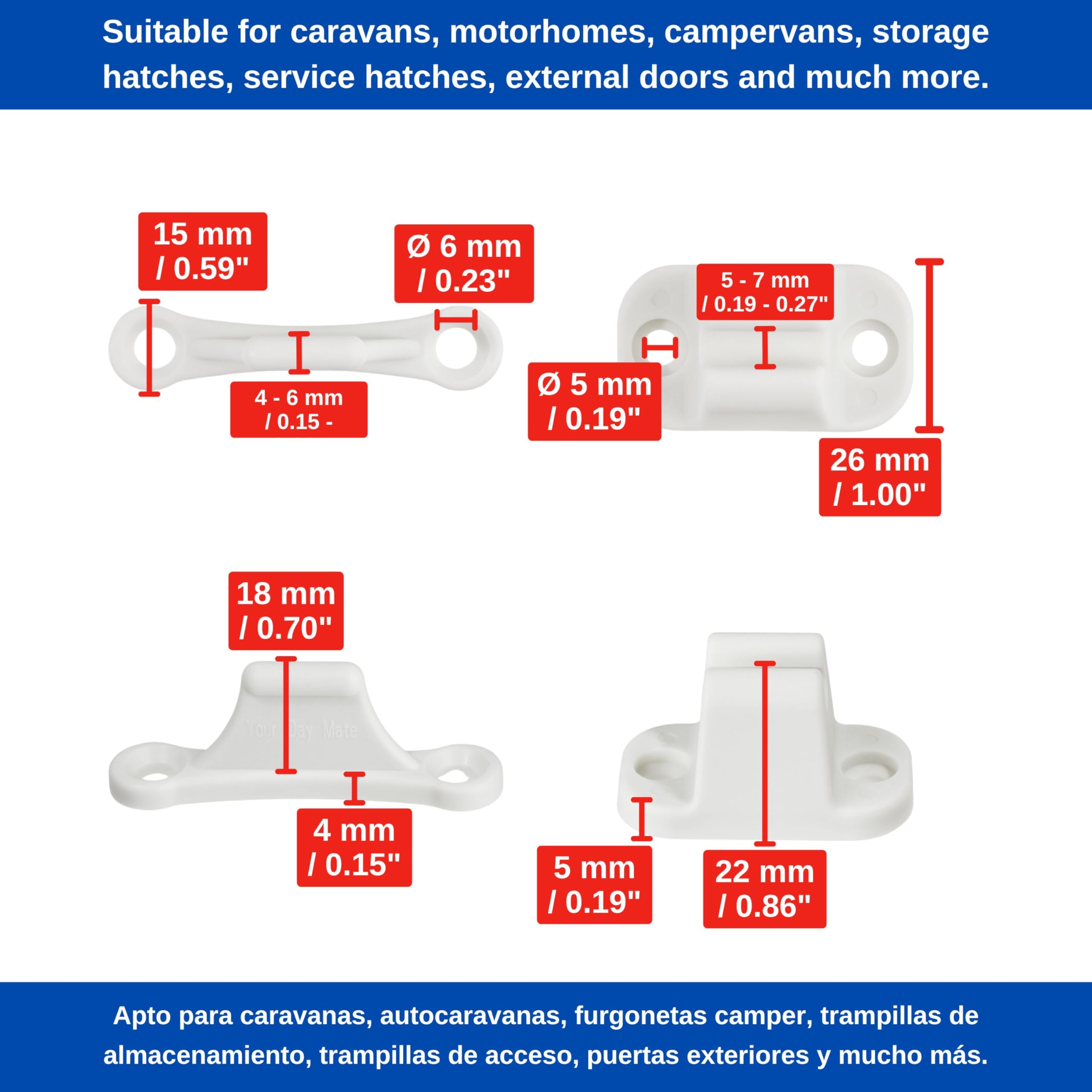 Fermo per Porta Roulotte e Camper, Interasse fori 35 mm e 48 mm, Serratura di Bloccaggio Bianca, per Sportelli di Servizio e Gavoni di Stoccaggio, Sicura per Porta Camper, Accessori Camper Roulotte