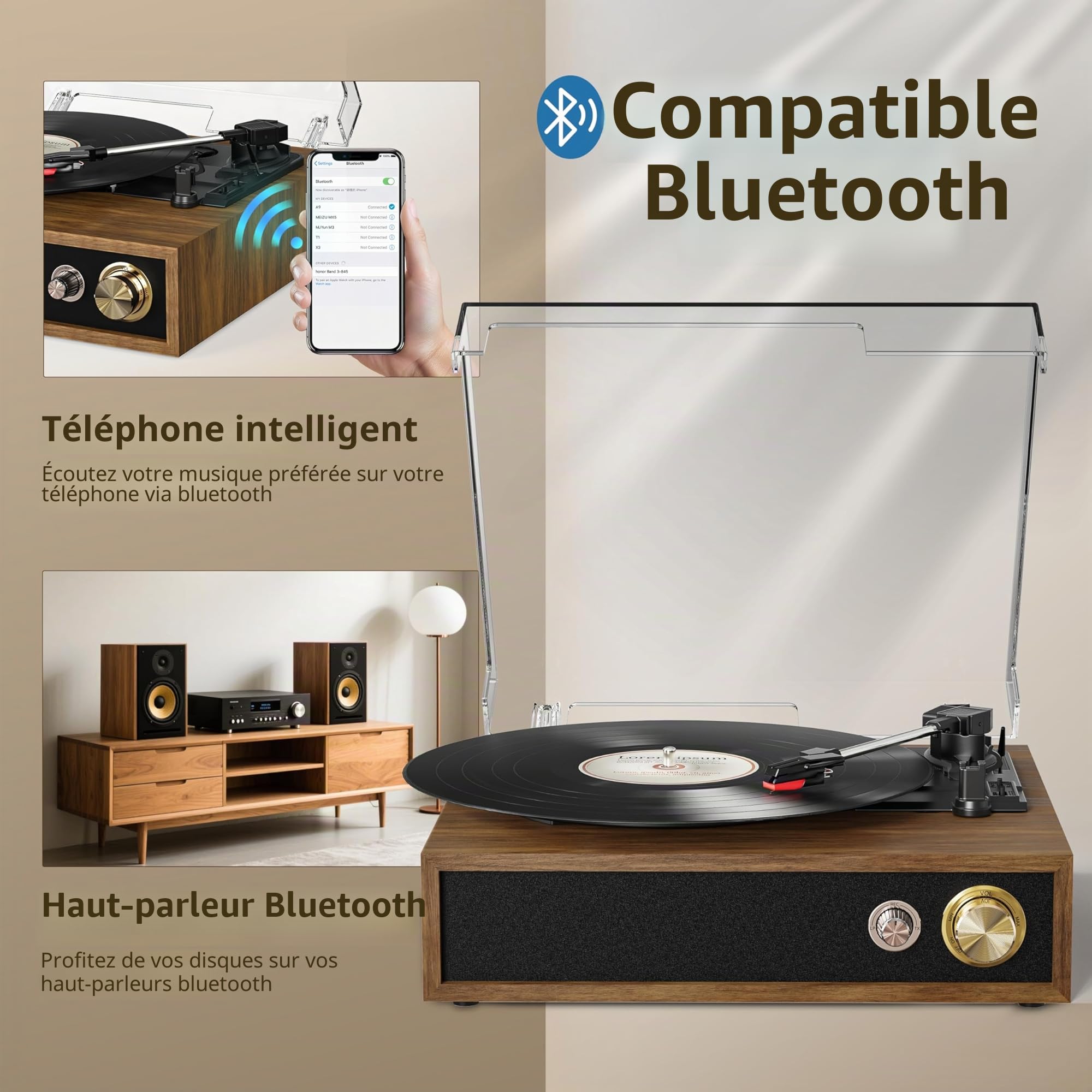 FYDEE Platine Vinyle avec Lecture et Enregistrement USB, Bluetooth Bidirectionnel, Vitesses 33/45/78 Tours, Haut-parleurs Stéréo Intégrés, Sortie RCA et Couvercle Anti-poussière Transparent - Teck