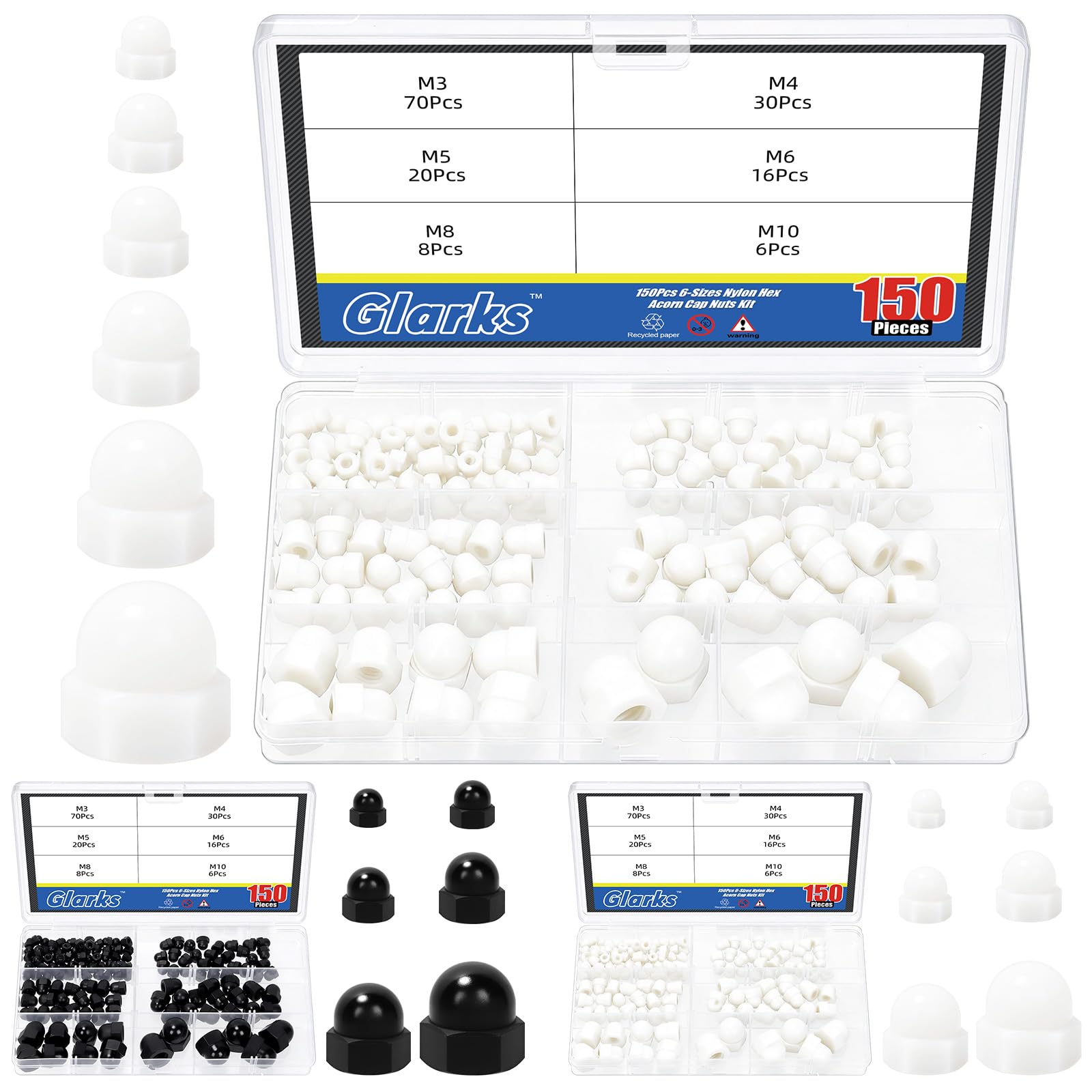 Glarks 150pcs M3/M4/M5/M6/M8/M10 White Nylon Acorn Cap Nuts Kit, Hex Dome Nuts, Acorn Hex Cap Dome Head Nut, Domed Crown Nut for Protecting Bolts, Furniture, Automotive, Electronic Equipment