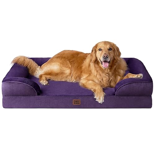 EHEYCIGA Orthopedic Dog Beds for Extra Large Dogs, Waterproof Memory Foam XL Pet Bed with Sides, Non-Slip Bottom and Egg-Crate Foam Big Dog Couch Bed with Washable Removable Cover, Purple