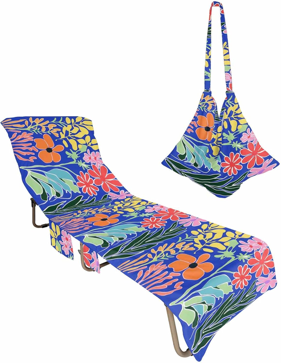 Spring Flower Beach Pool Patio Lounge Chaise Chair Cover Towel With Pockets,Absorbent & Quick Dry Microfiber Towel Cover Bag Summer Accessories for Sunbathing Modern Colorful Abstract Floral Plants