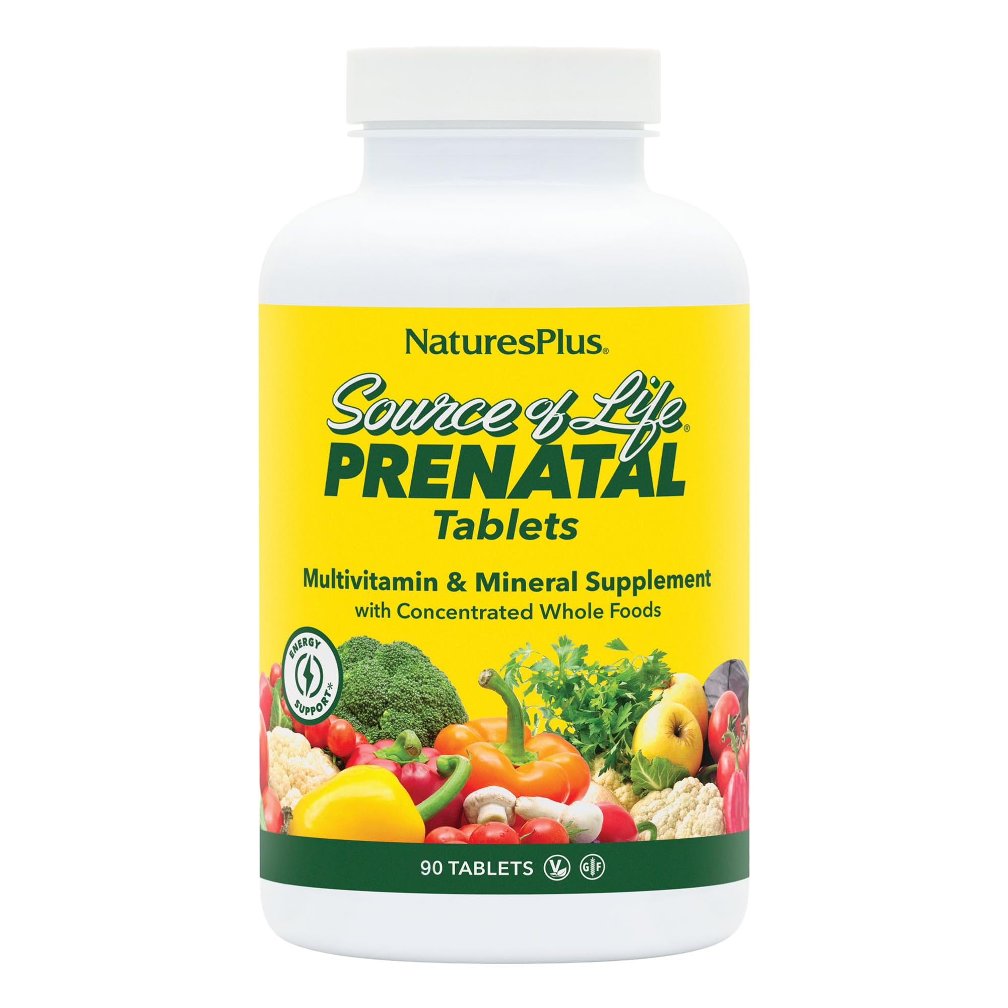 Natures Plus Source of Life Prenatal - 800 mcg Folate, 90 Vegetarian Tablets - All Natural Prenatal Vitamin & Minerals with Iron & Calcium - Optimal Health & Energy - Gluten-Free - 45 Servings
