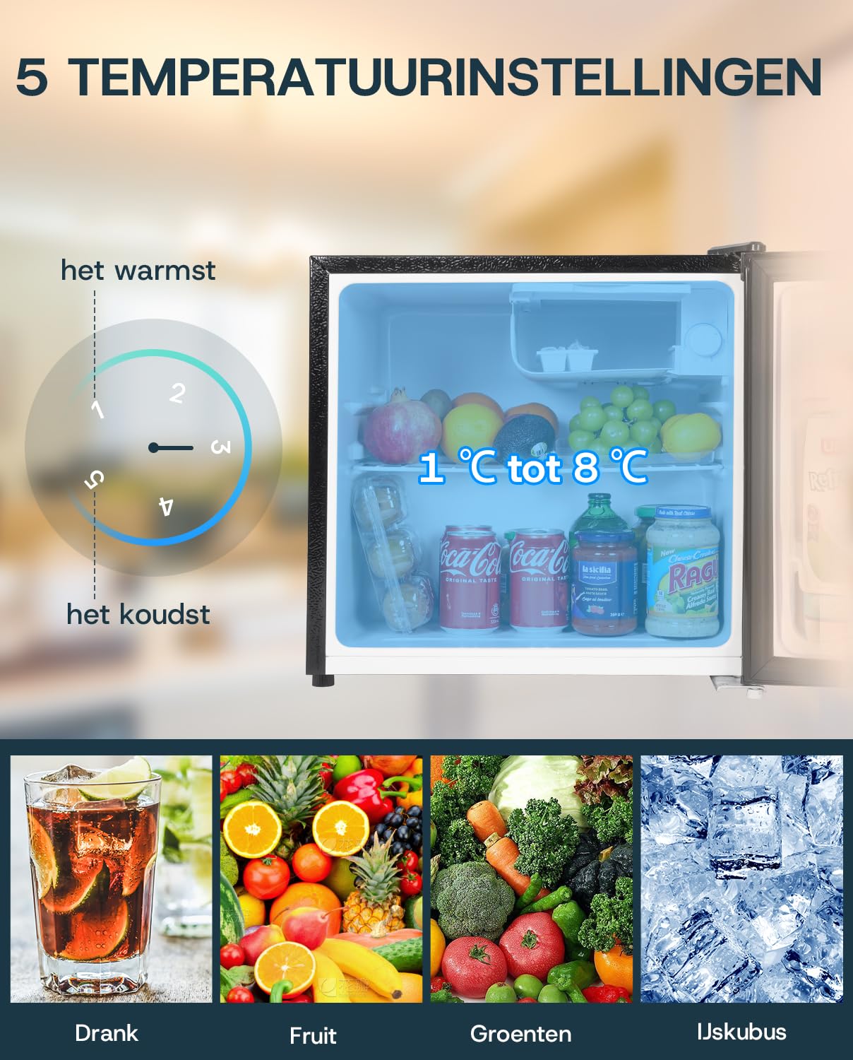 Upstreman Mini-koelkast met vriesvak, 46 liter, instelbare thermostaat, energiebesparend, geluidsarm, compacte koelkast met één deur, voor slaapzaal, kantoor, slaapkamer, zwart-FR17