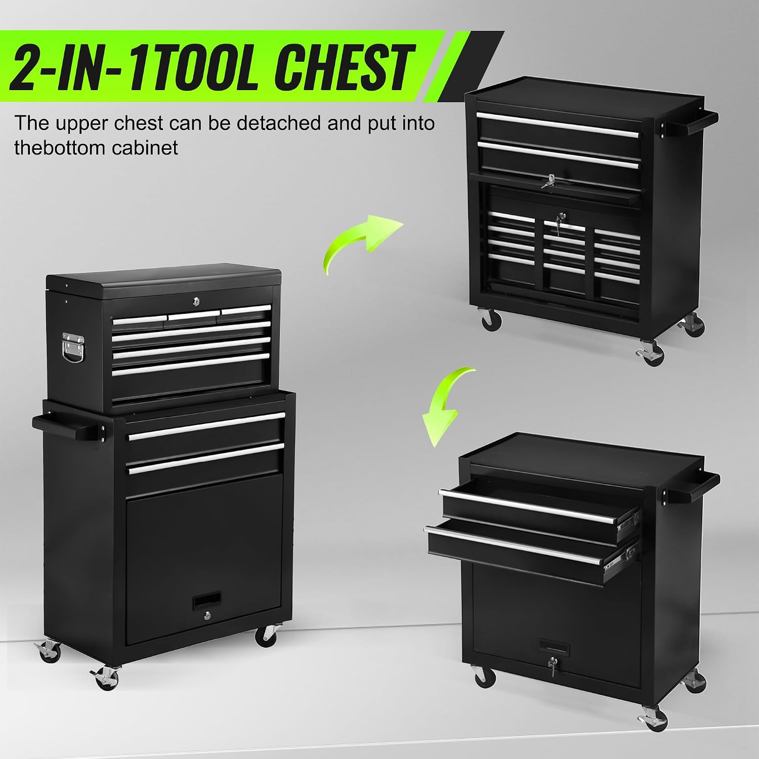 Tool Box with Wheels, 8 Drawer Rolling Tool Chest and 2 Lockers, Detachable Storage Cabinet Rolling Tool Box, Tool Box for Garage With 4 Wheels and Side Handles for Garage Workshop, Black