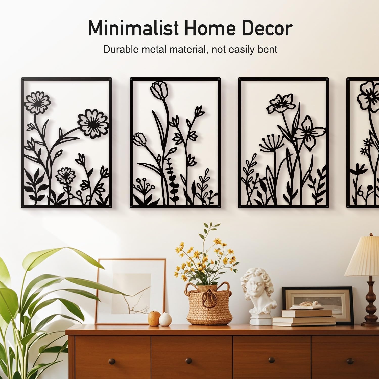 Sokurdeg Black Metal Flowers Wall Decor, Minimalist Floral Metal Wall Hanging Art, Black Abstract Rustic Flower Line Wall Sculptures for Bedroom Bathroom Living Room (4 Pcs, 15.7 x 22.5 in)