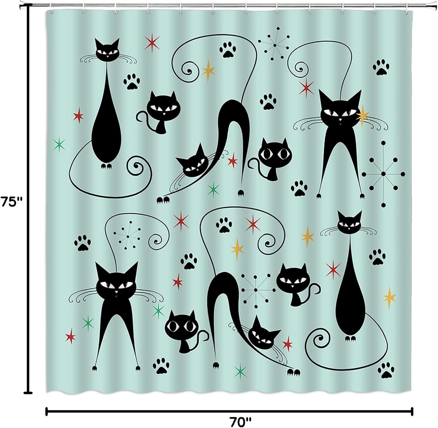 Mid Century Modern Shower Curtain Atomic Cat Diamonds Iconic Sputnik Star Paw Print Retro Abstract Vintage Geometric 1950s 1960s Fabric Bathroom Decor Curtains with Hooks,Black Teal