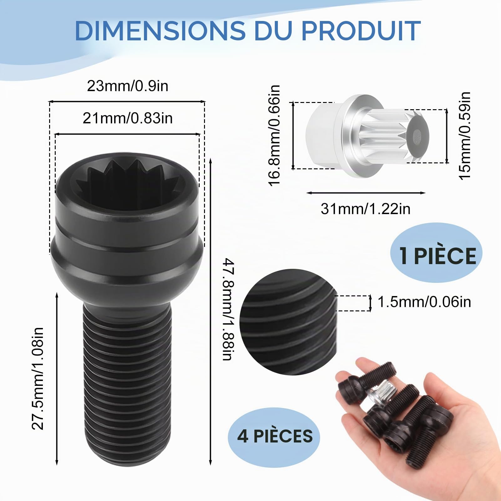 4 Boulons de Roue Antivol en Acier avec Écrous de Roue, Modèle M14 * 1,5 MM | Jeu d'écrous de Roue de Verrouillage, pour la Protection et la Sécurité des Roues, Boulons antivol noirs