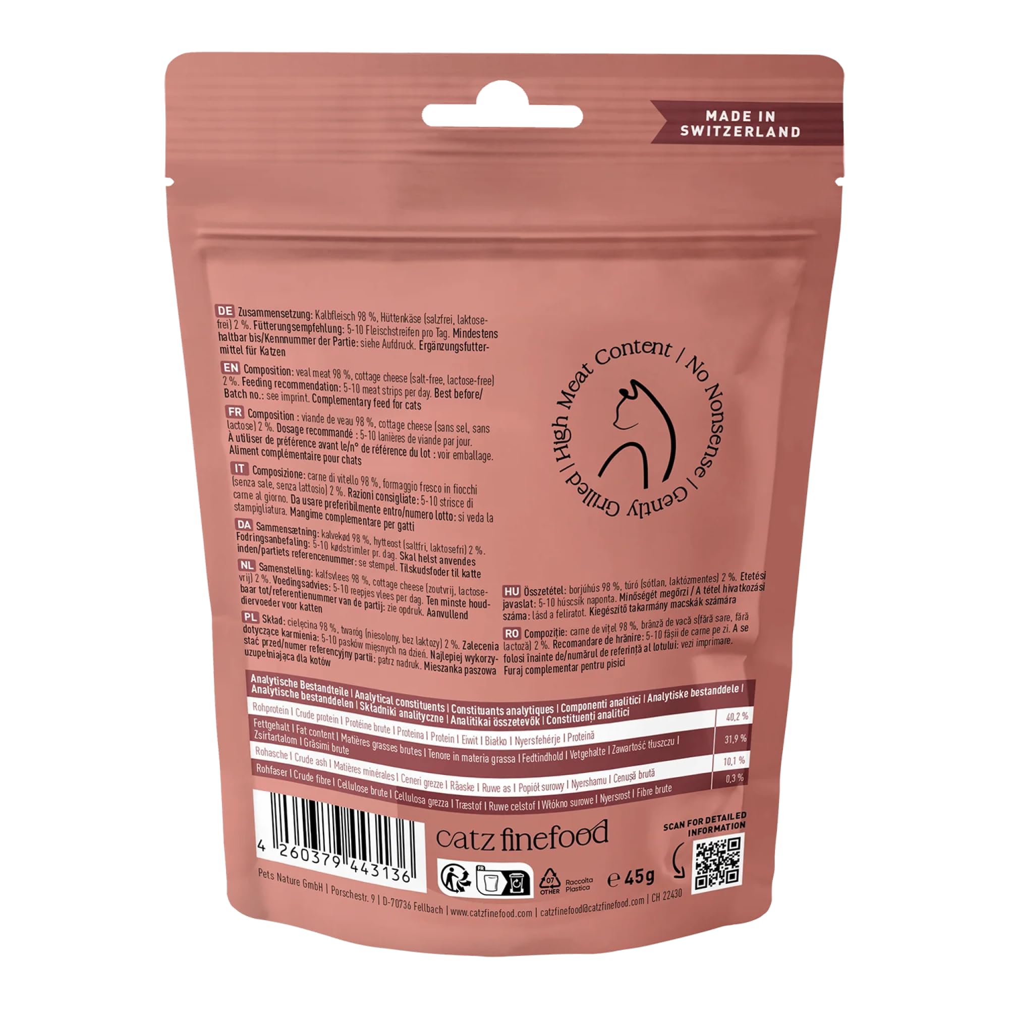 catz finefood Meatz Przysmaki dla kotów cielęcina, nr 5 - chrupiące paski z cielęciny - grillowane i suszone - przekąska dla kota bez cukru, bez zbóż (4 x 45 g)