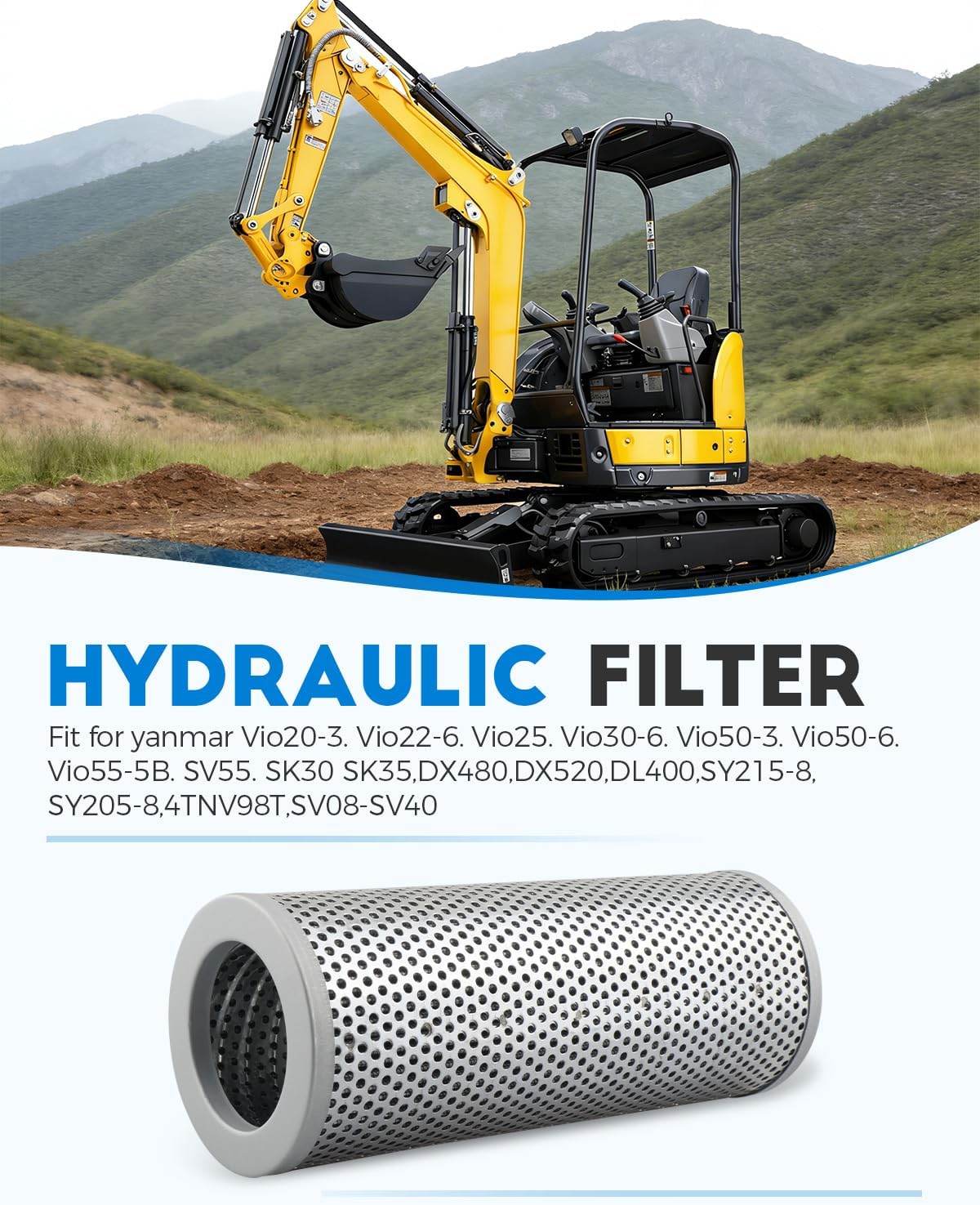 172175-73710 Hydraulic Filter Fit for YANMAR Vio20-3 Vio22-6 Vio25 Vio30-6 Vio50-3 Vio50-6 Vio55-5B, SV55 SK30 SK35 Replace PE-1586,H-5634,PR50V00002P1,SH60026, HY9658