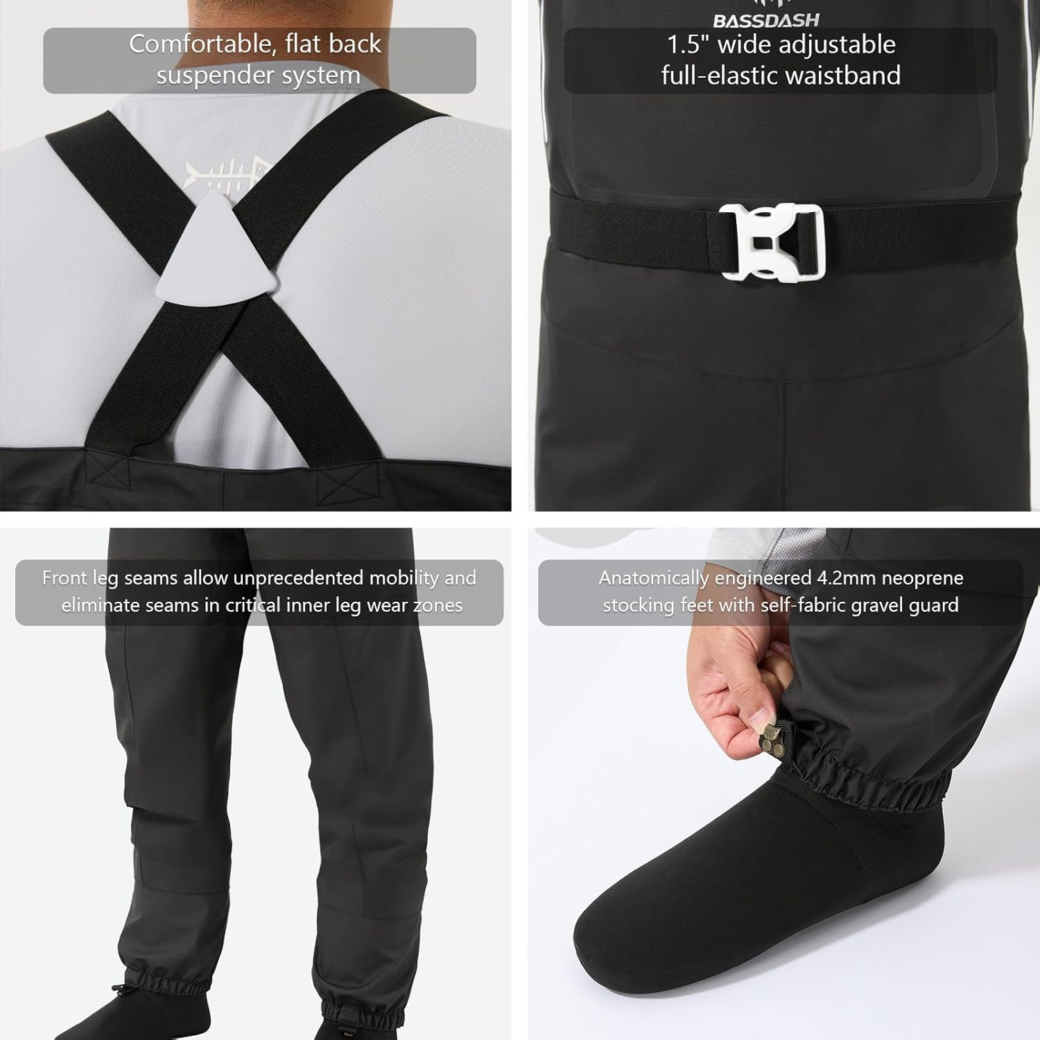 BASSDASH Men’s Lightweight Breathable Chest Wader Black Camo Stockingfoot for Fly Fishing Hunting FW11 - Image 6