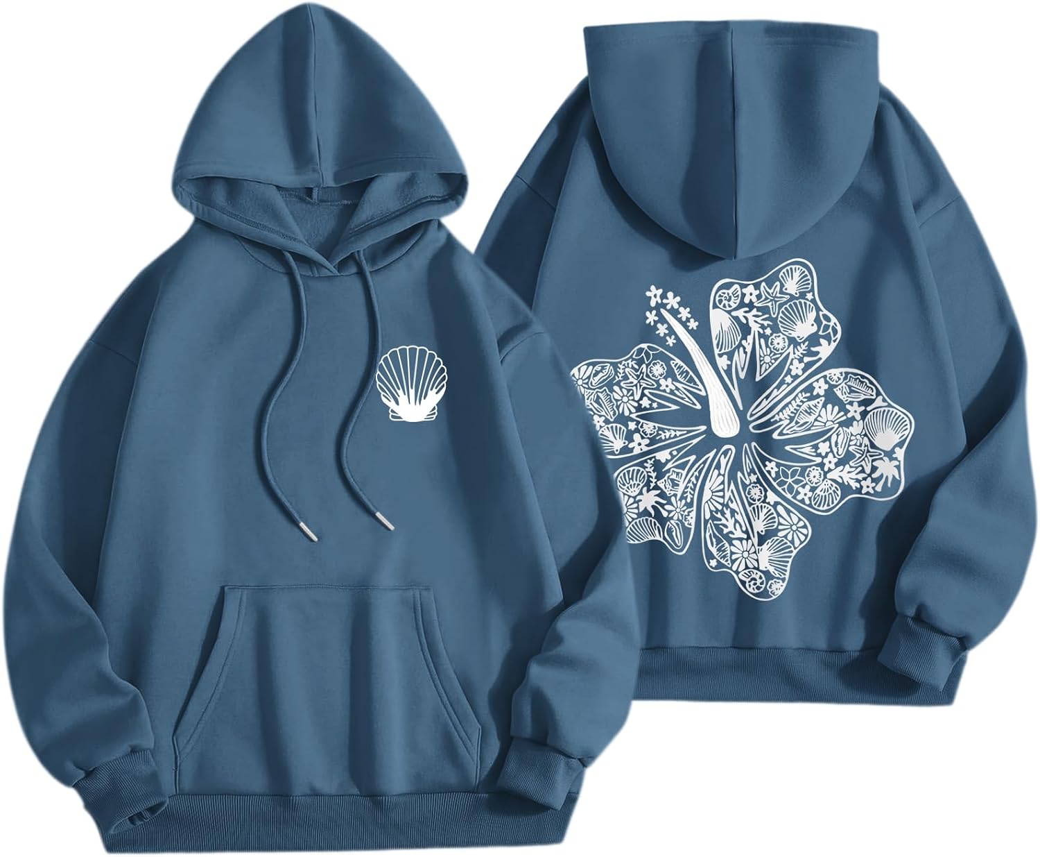 Womens Cute Pink Flower Hoodie Aesthetic Preppy Hawaiian Hibiscus Sweatshirt Casual Puff Graphic Hoodies Pullover Tops