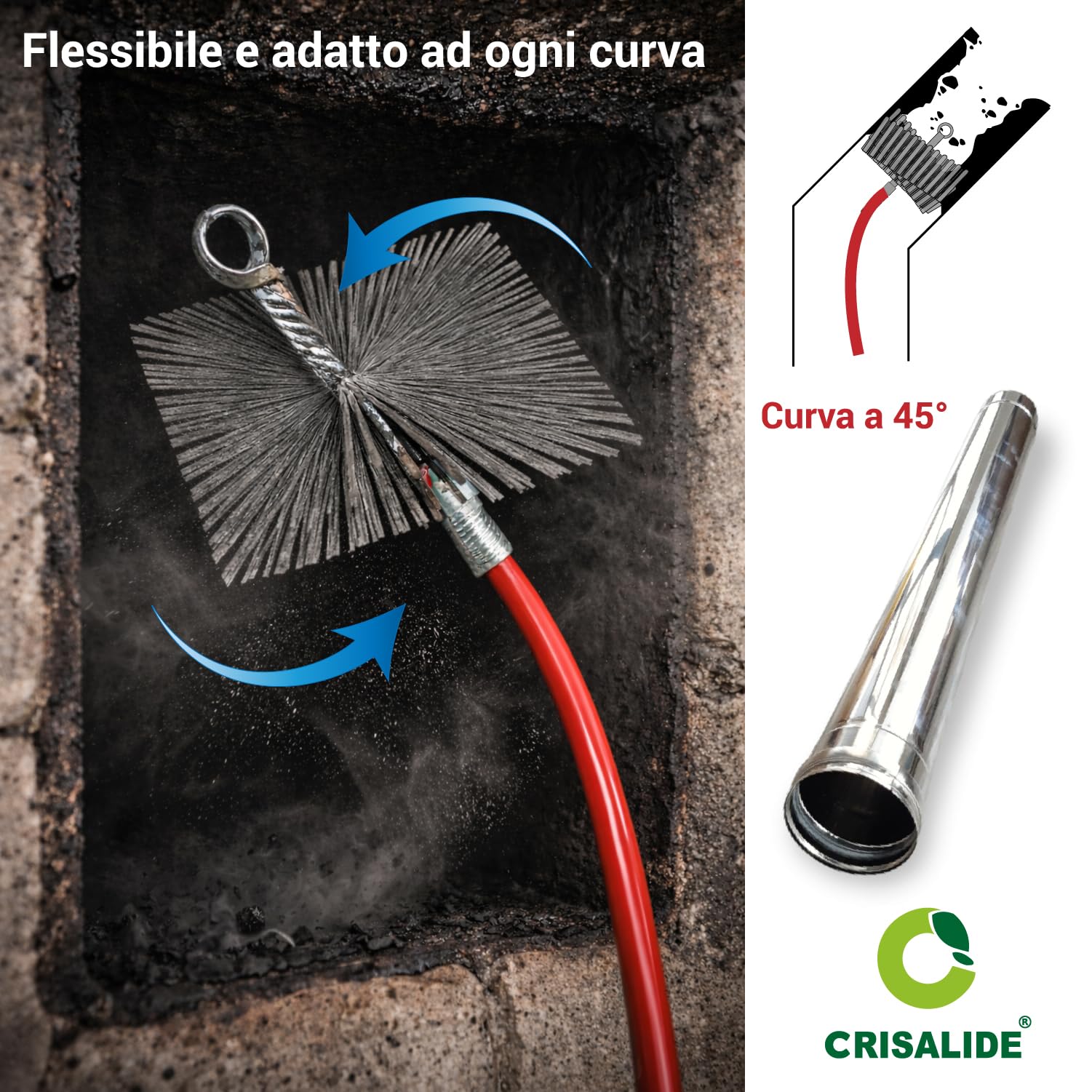 Crisalide Escobilla para chimeneas y estufas de acero inoxidable – 20/25/30 cm – Kit con 6, 12 o 18 barras de 100 cm – Cepillo deshollinador con conexión de tornillo universal flexible (25 x 25 cm, 6