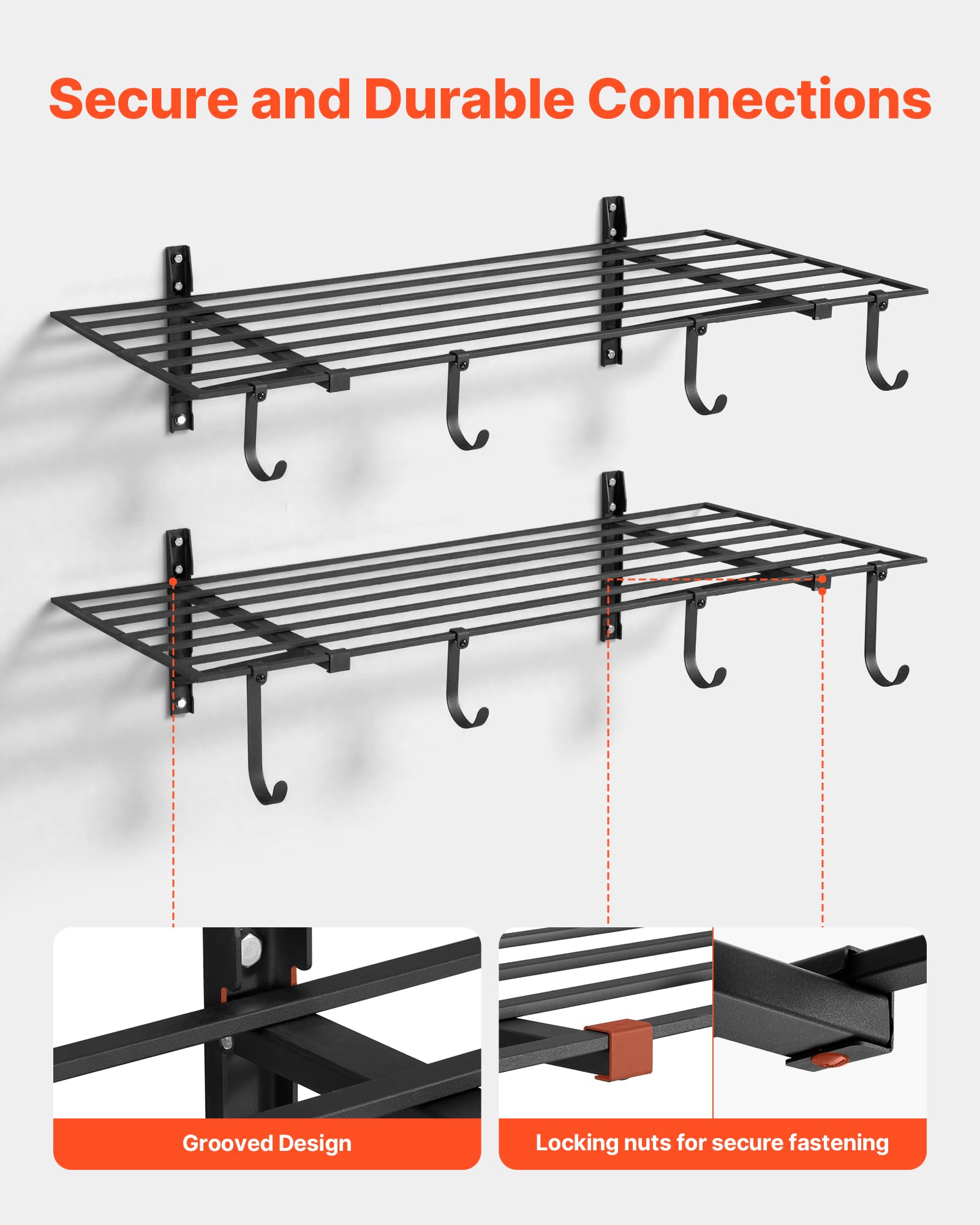VEVOR 2-Tier Heavy Duty Wall Garage Shelving, 2 x 4 ft Steel Wall Mounted Shelving Unit with Hooks, 24 x 48 Inch Per Shelf Floating Storage Metal Rack for Garage, 520 lbs Total Weight Capacity, Black - 4