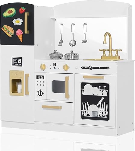 Juego de cocina de simulación para niños, juego interactivo de madera con diseño realista, fregadero, microondas, máquina de hielo, lavavajillas,