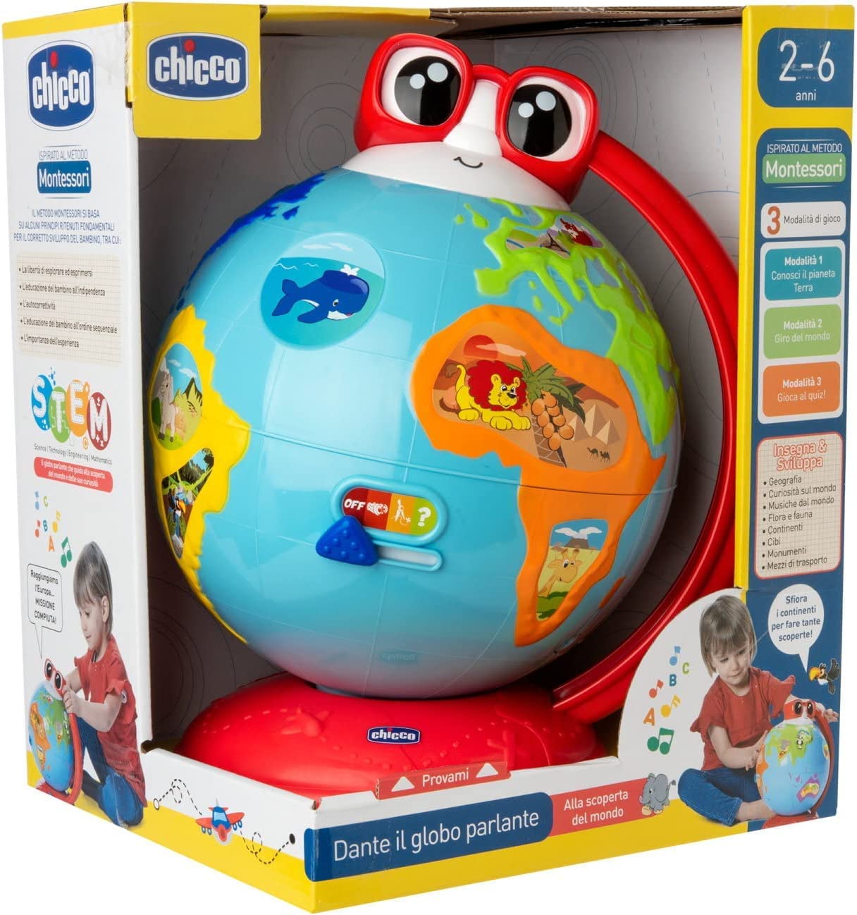 Chicco Juego Dante El Globo Parlante, Globo Educativo e Interactivo para Aprender Geografía, 3 Modos de Juego con Frasi, Quiz y Canciones en la Tierra, Inspirado en el Método Montessori, 2-6 Años