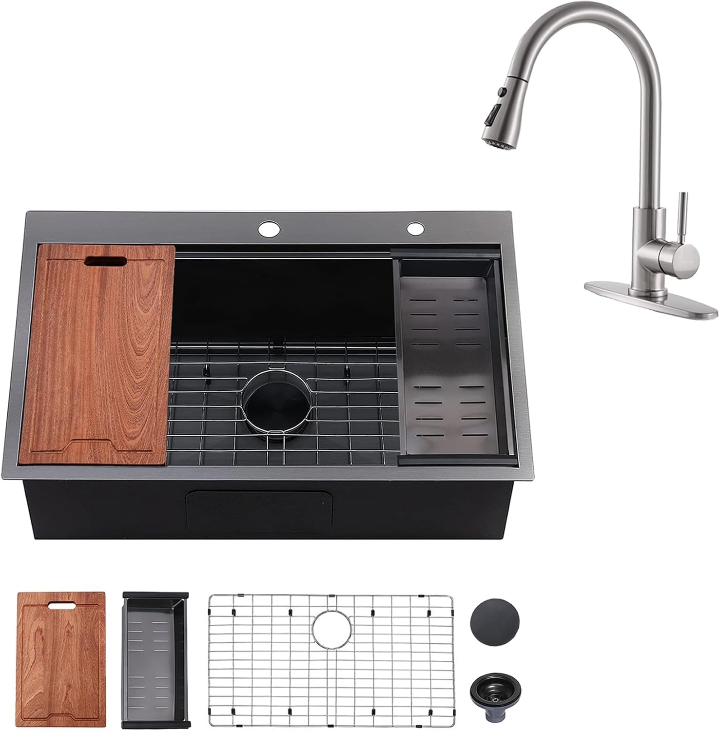VAPSINT 33 x 22 inch Large Single Bowl Topmount Black Drop in Kitchen Sink with High Arc Single Handle Brushed Nickel Kitchen Faucet with Pull Down Sprayer