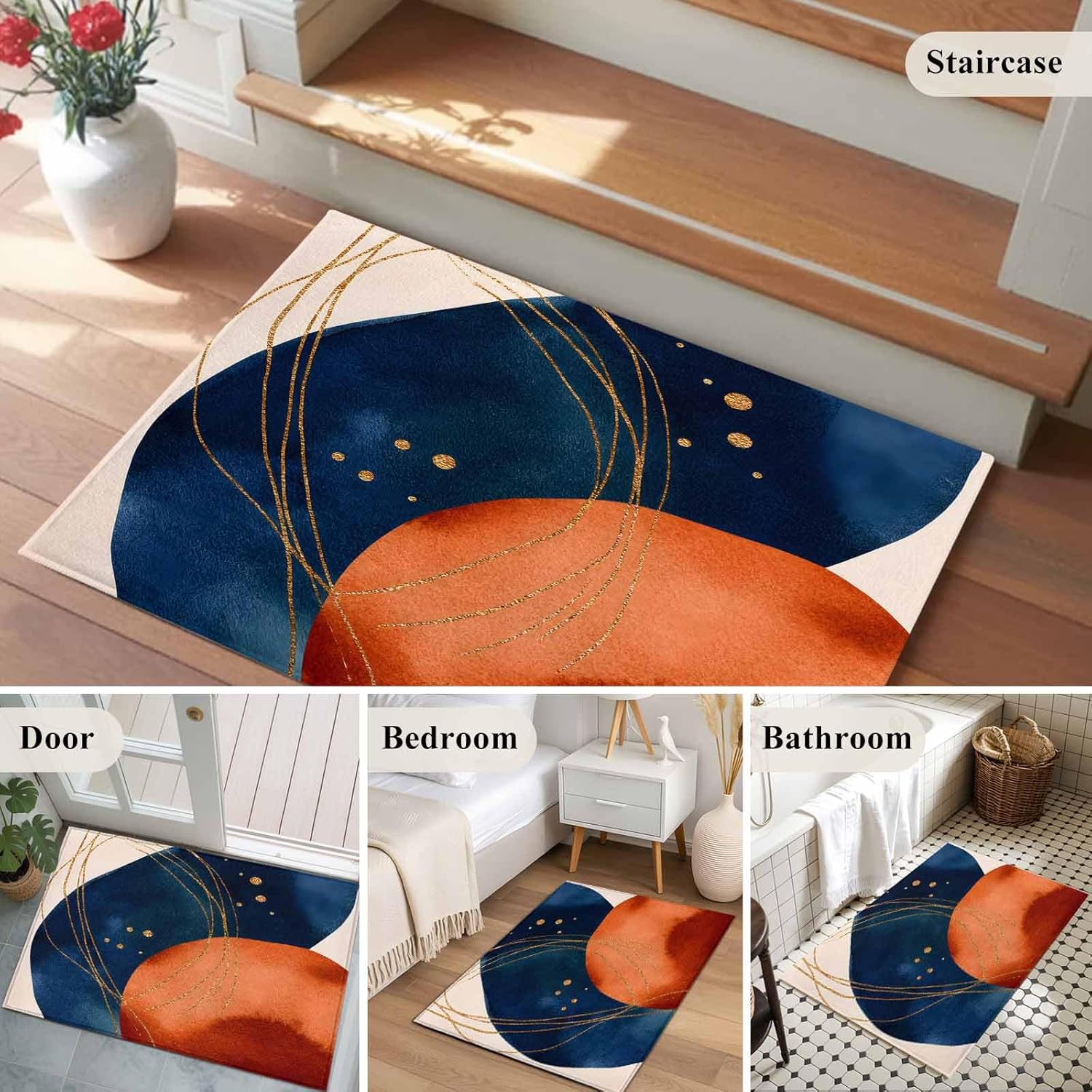 Navy Blue Burnt Orange Area Rugs Collection 2'x3', Boho Artwork Geometric Modern Non Slip Indoor Rectangle Throw Runner Rug Floor Mat Carpet for Living Room Dining Table Bedroom Nursery