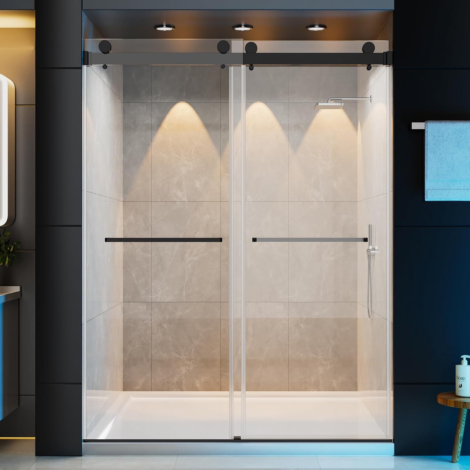 56–60" W × 78" H Frameless Sliding Glass Shower Door, 3/8" (10mm) Thick Tempered Glass, Stainless Steel Hardware, Double Sliding Shower Doors for Walk in Shower, Matte Black