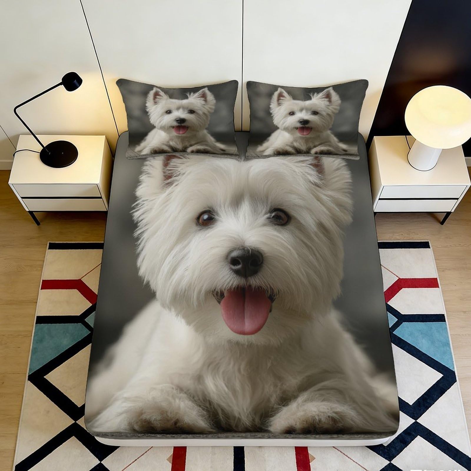 3D Printed White Westie Dog Fitted Sheet Microfiber Soft Anti-Slip Cute Puppy Mattress Cover for Bedroom Guest Room Decor 160x200x25cm