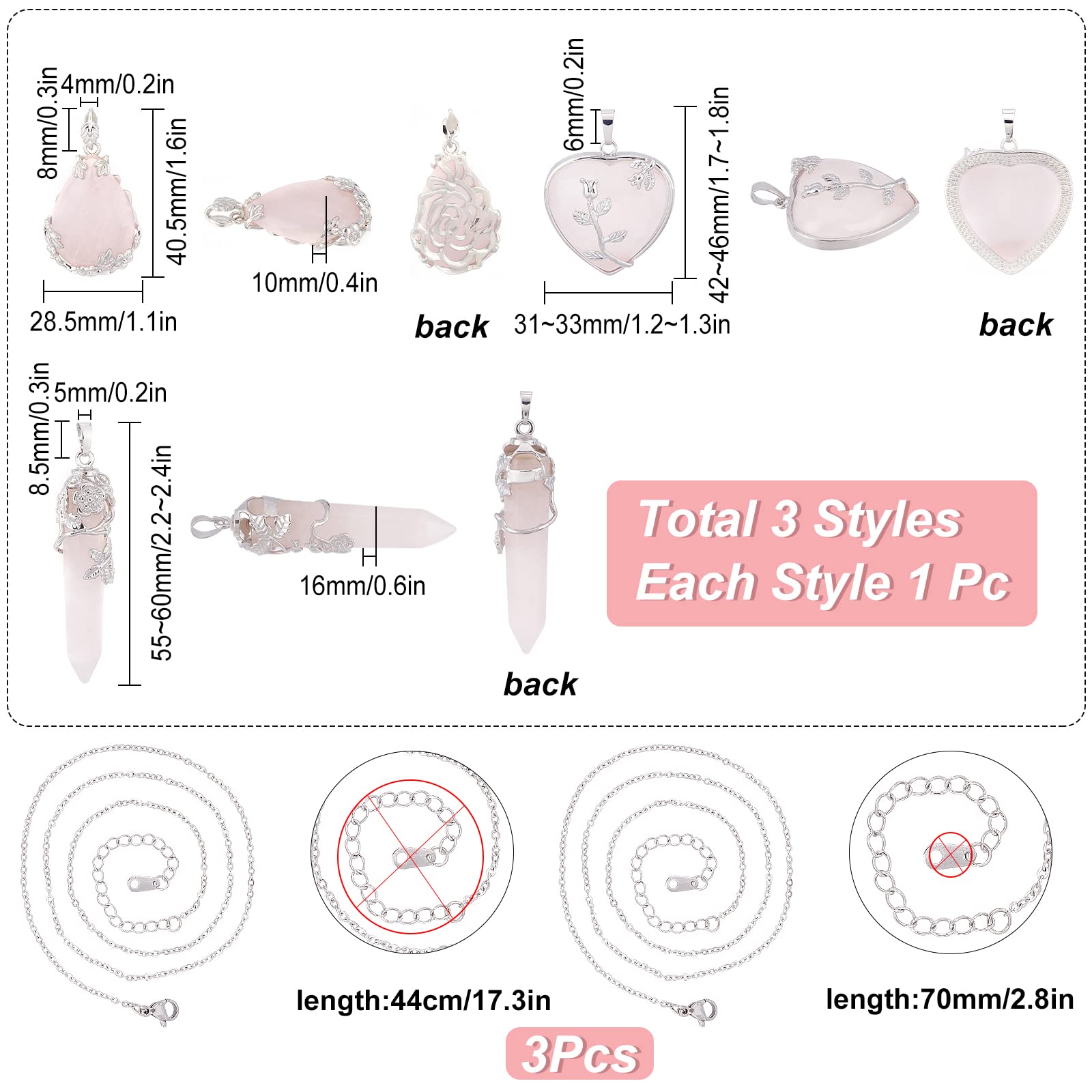 SUNNYCLUE 1 Box 3 Style DIY Natural Rose Quartz Necklace Gemstone Necklace Making Kit Healing Stone Bullet Heart Pendants with Stainless Steel Chain for Jewellery Making Charms DIY Craft Chakra Decor - Image 2