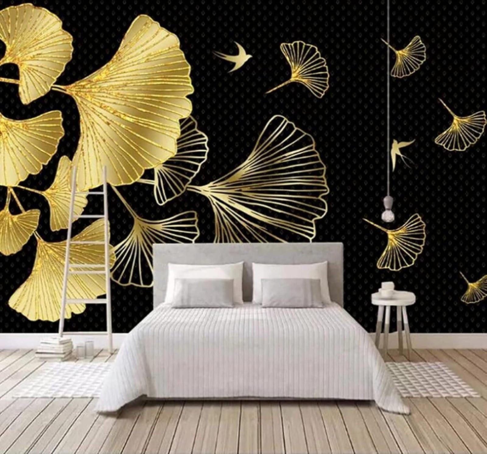 Wallpaper-3D-Xlm 250Cm×170Cm(B×H) Minimalist Luxury Gold Ginkgo Leaves Birds 3D Wallpaper Easy Install Feature Office Living Room Sofa Bedroom Tv Background Wall Decoration-250Cm×170Cm