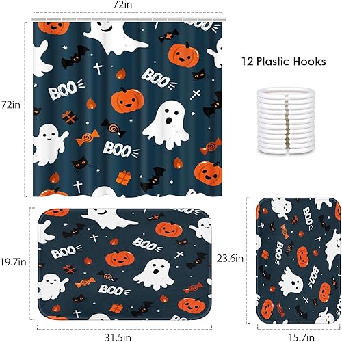 Miniatura 2 de Arttown Juego de baño de Halloween con cortina de ducha y alfombras y accesorios, juego de cortinas de ducha de fantasmas lindos farol de calabaza,