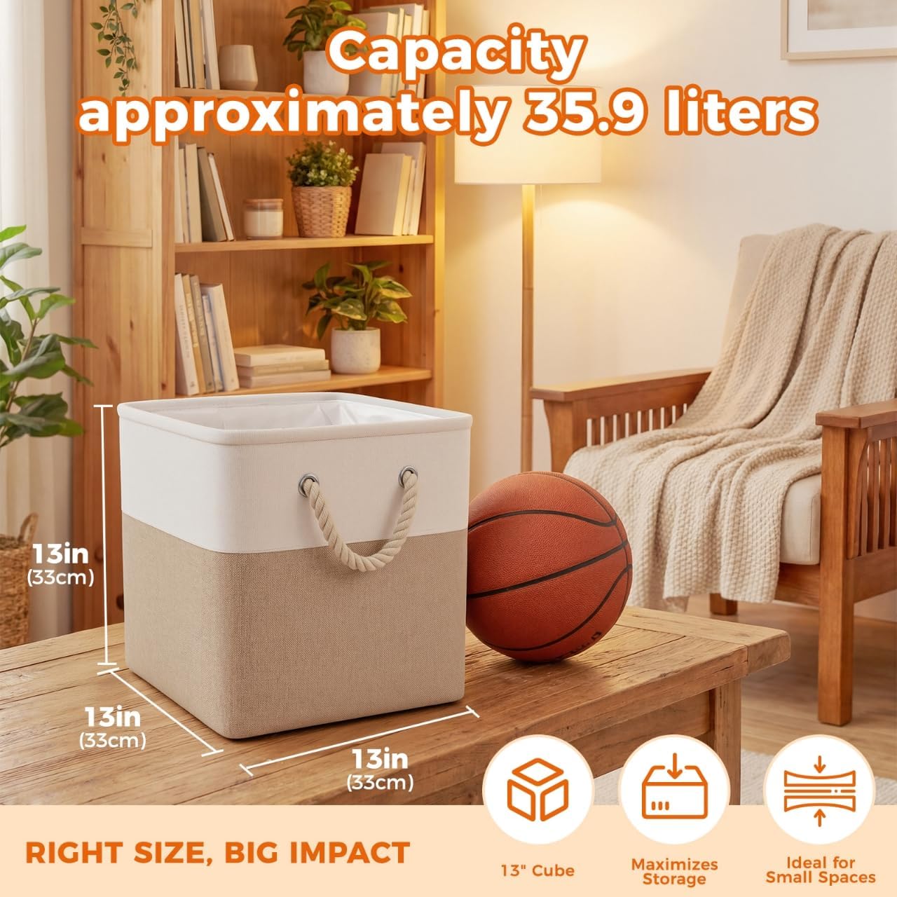 Large Fabric Storage Baskets for Organizing, 2 Pack Beige 13 Inch Square Collapsible Cube Bins, Linen Closet Baskets for Shelves, Clothes & Home Organization (White&Beige)