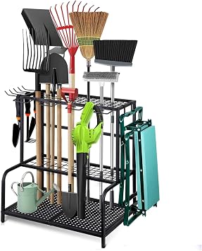 Garden Tool Storage Rack, 3 Tier Heavy-Duty Steel Garden Tool Organizer Stand Up To 70 Long Handled Shovels/Rakes/Brooms, 241626inch Garage Tool Shelf for Shed, Yard, Garage