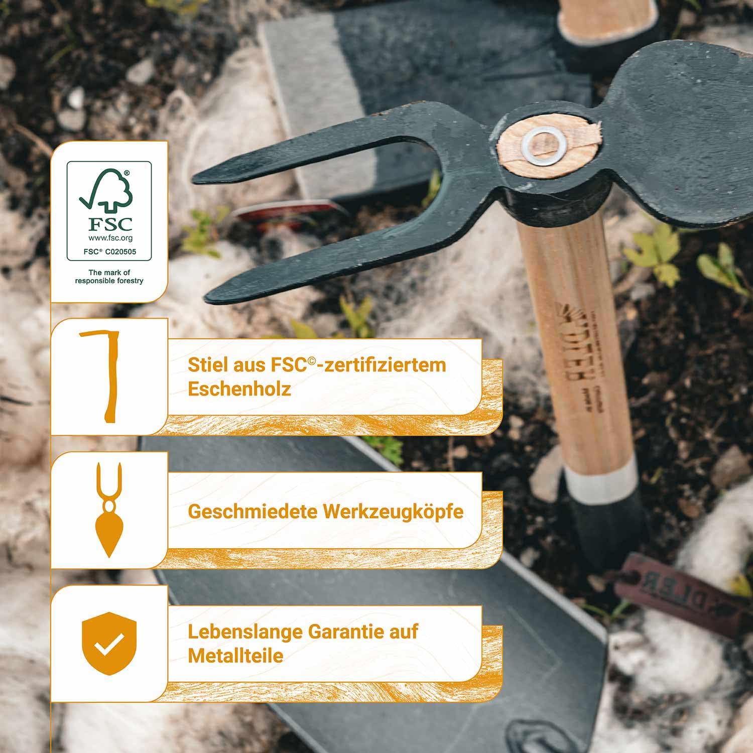 ADLER Set da giardino 3 pezzi – zappa forgiata Ivy & Cazzuola Holly – 45 cm manico in legno di frassino, certificato FSC® – Made in Germany (Daisy – 2 denti con foglia di cuore – rosa/bianco)