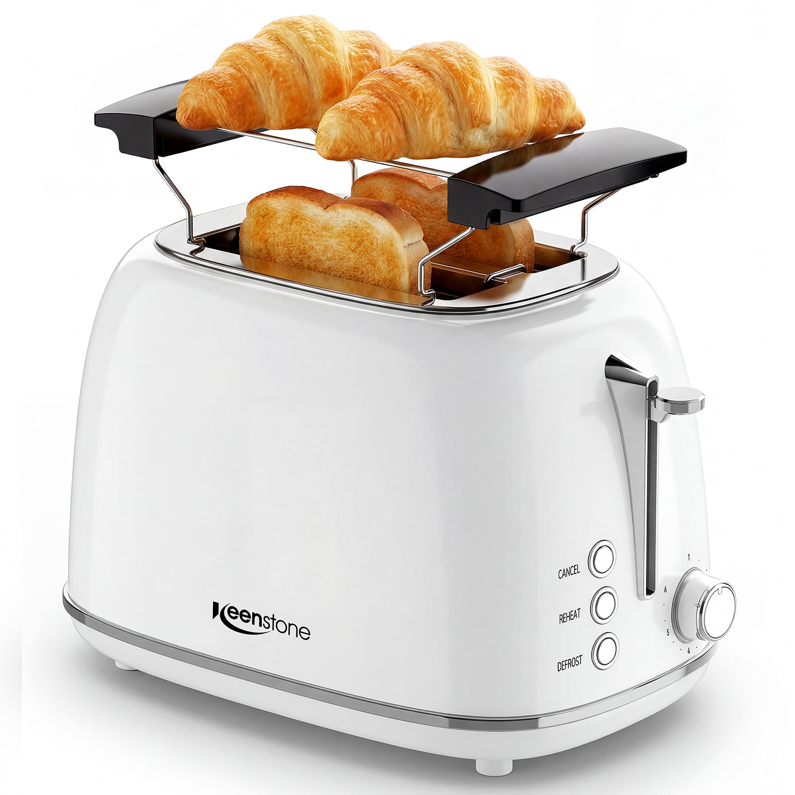 Keenstone Toaster 2 Scheiben, Retro Edelstahl Toaster mit breitem Schlitz, 6 Bräunungsstufen, mit Warmhalterost, Aufwärm- & Auftaufunktion, für Toast und Brot, herausnehmbare Krümelschublade