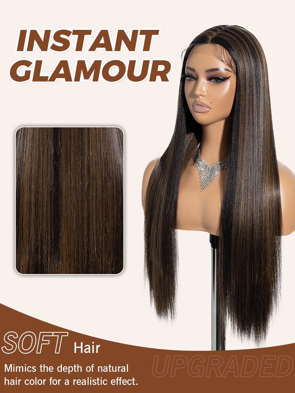 Joedir Highlights Straight Wig Synthetic Lace Front Wig T Part lace Frontal Wigs for Women Long Silk Straight Natural Wig Heat Resistant Fiber 28 Inches - Image 3